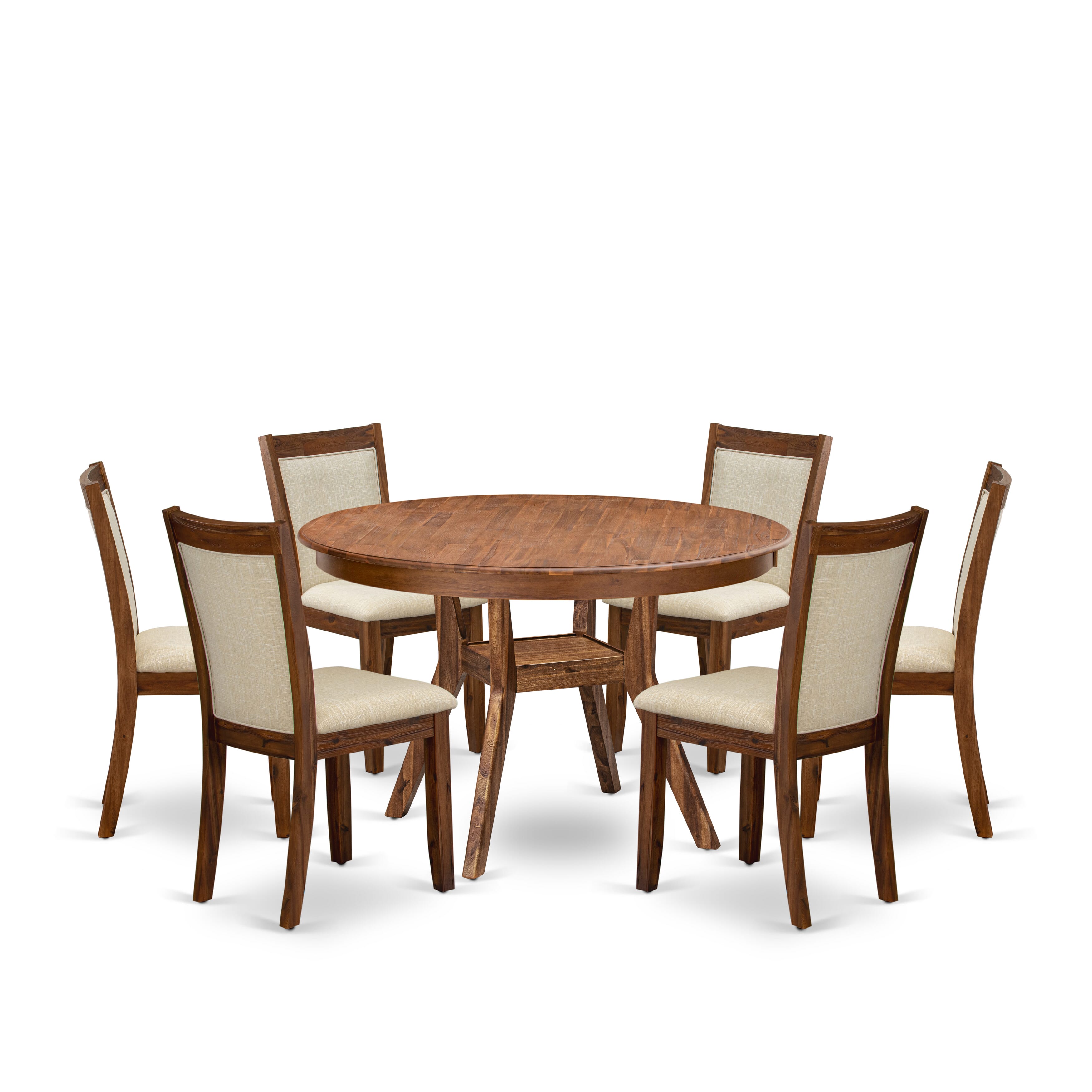 Luxe by East West Furniture F8MZ7-40N-02 7-Pc Modern Dining Set consists of a Pedestal Kitchen Table & 6 Light Beige Linen Fabric Parson Chairs with Padded Back - Antique Walnut