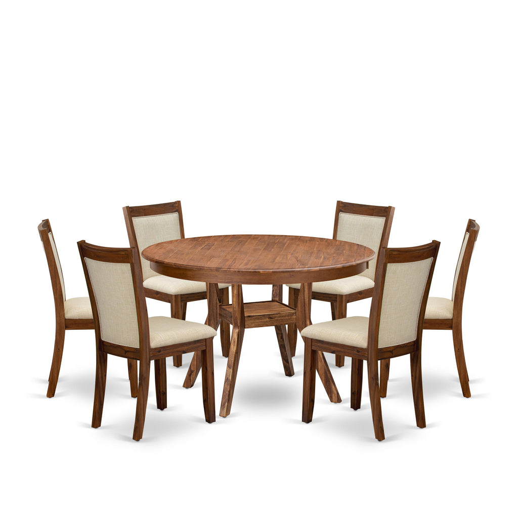 Luxe by East West Furniture F8MZ7-40N-02 7-Pc Modern Dining Set consists of a Pedestal Kitchen Table & 6 Light Beige Linen Fabric Parson Chairs with Padded Back - Antique Walnut