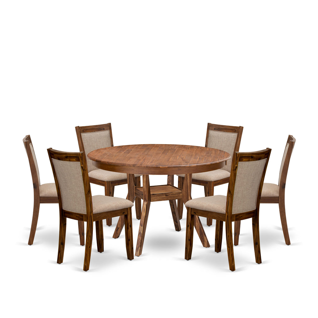 Luxe by East West Furniture F8MZ7-40N-04 7-Pc Dining Set consists of a Pedestal Kitchen Table and 6 Light Tan Linen Fabric Upholstered Chairs with Padded Back- Antique Walnut