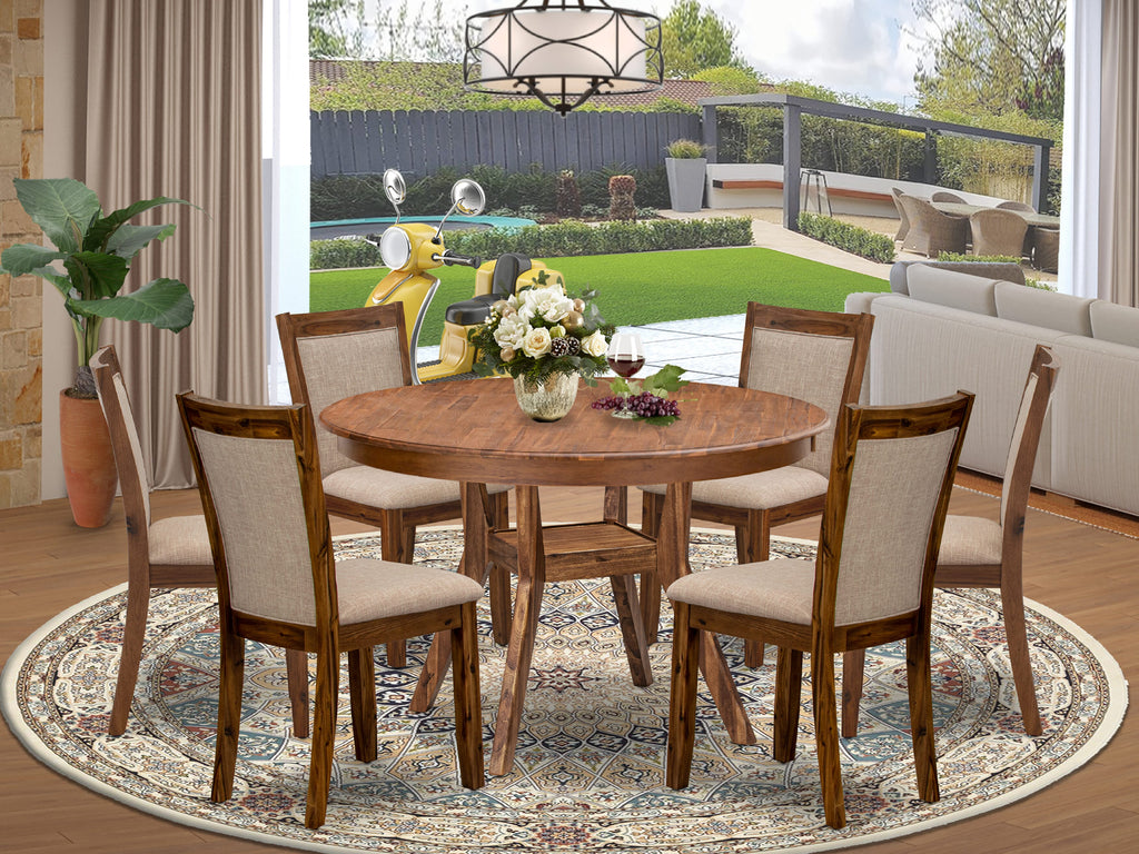 Luxe by East West Furniture F8MZ7-40N-04 7-Pc Dining Set consists of a Pedestal Kitchen Table and 6 Light Tan Linen Fabric Upholstered Chairs with Padded Back- Antique Walnut