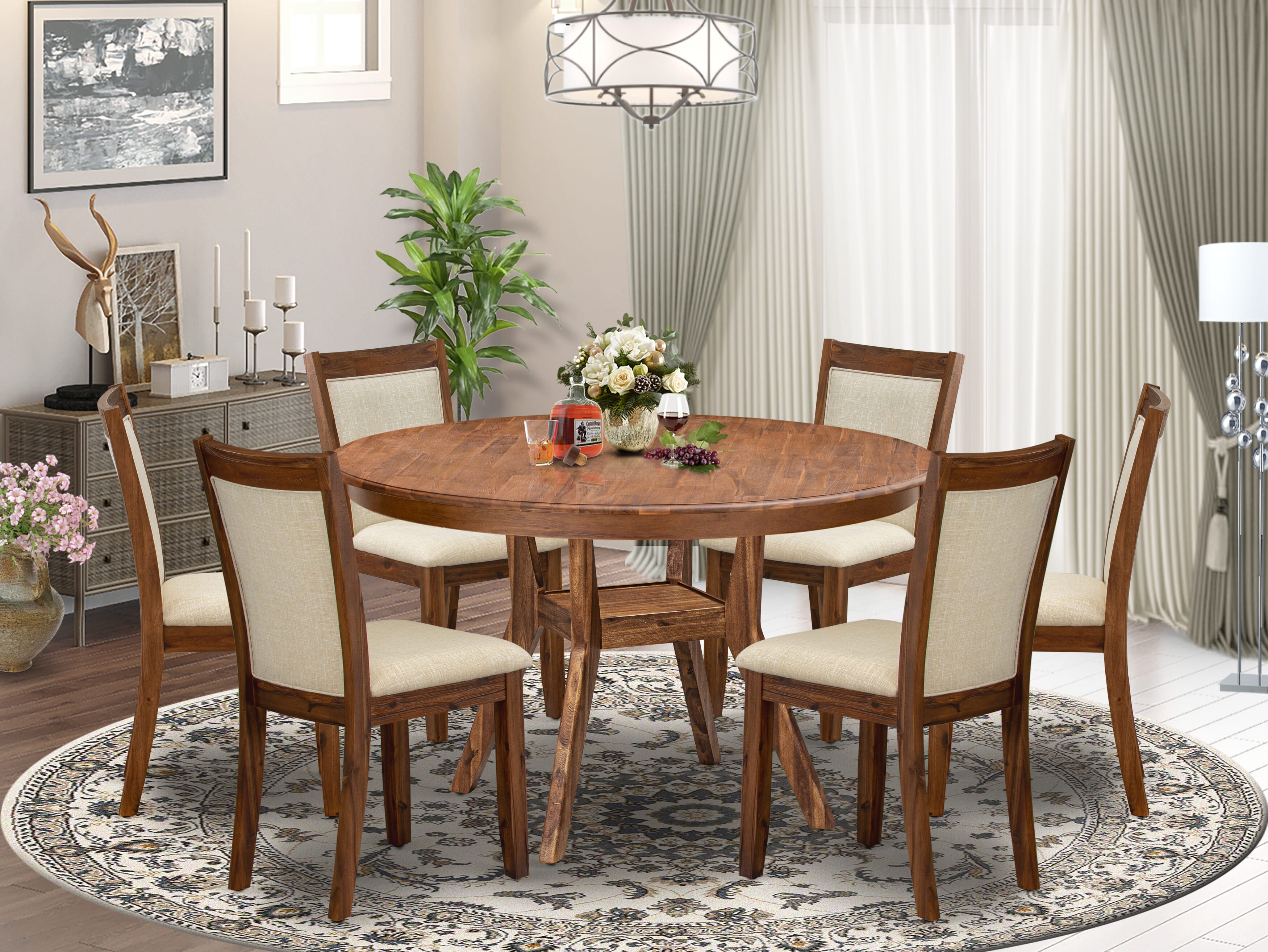 Luxe by East West Furniture F8MZ7-50N-02 7-Pc Kitchen Table Set consists of a Pedestal Dinner Table & 6 Light Beige Linen Fabric Padded Chairs with Padded Back - Antique Walnut