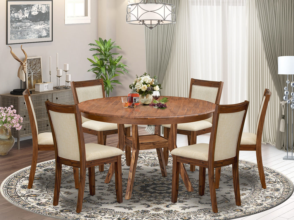 Luxe by East West Furniture F8MZ7-50N-02 7-Pc Kitchen Table Set consists of a Pedestal Dinner Table & 6 Light Beige Linen Fabric Padded Chairs with Padded Back - Antique Walnut