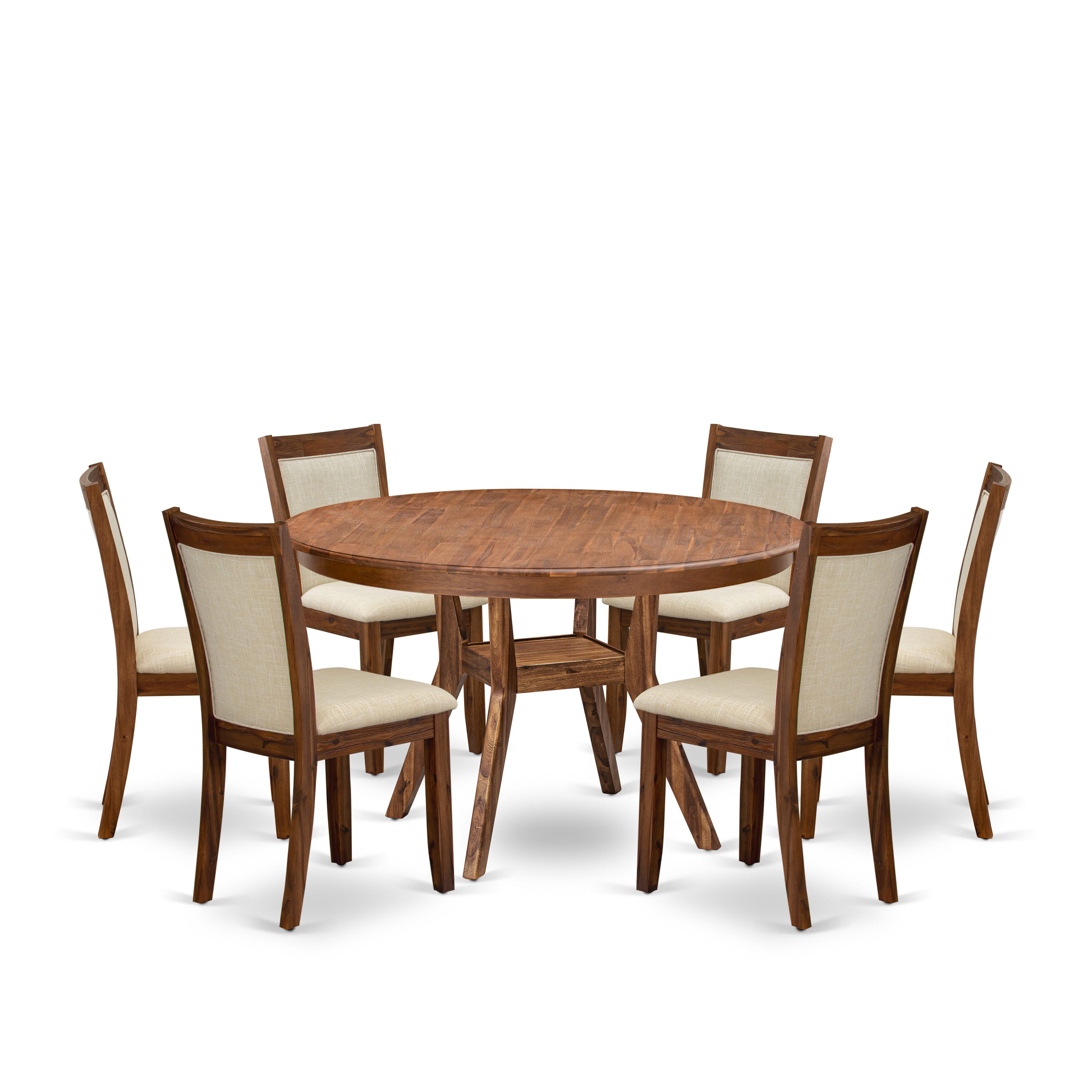 Luxe by East West Furniture F8MZ7-50N-02 7-Pc Kitchen Table Set consists of a Pedestal Dinner Table & 6 Light Beige Linen Fabric Padded Chairs with Padded Back - Antique Walnut
