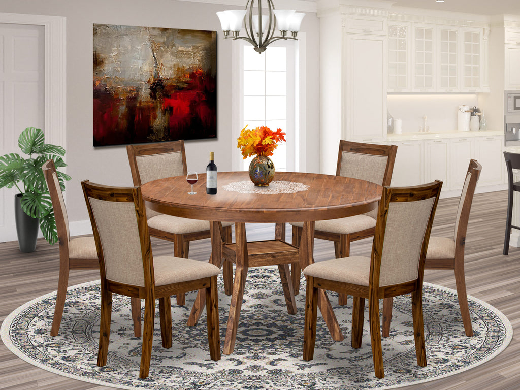 Luxe by East West Furniture F8MZ7-50N-04 7-Pc Kitchen Table Set consists of a Pedestal Breakfast Table and 6 Light Tan Linen Fabric Chairs with Padded Back- Antique Walnut