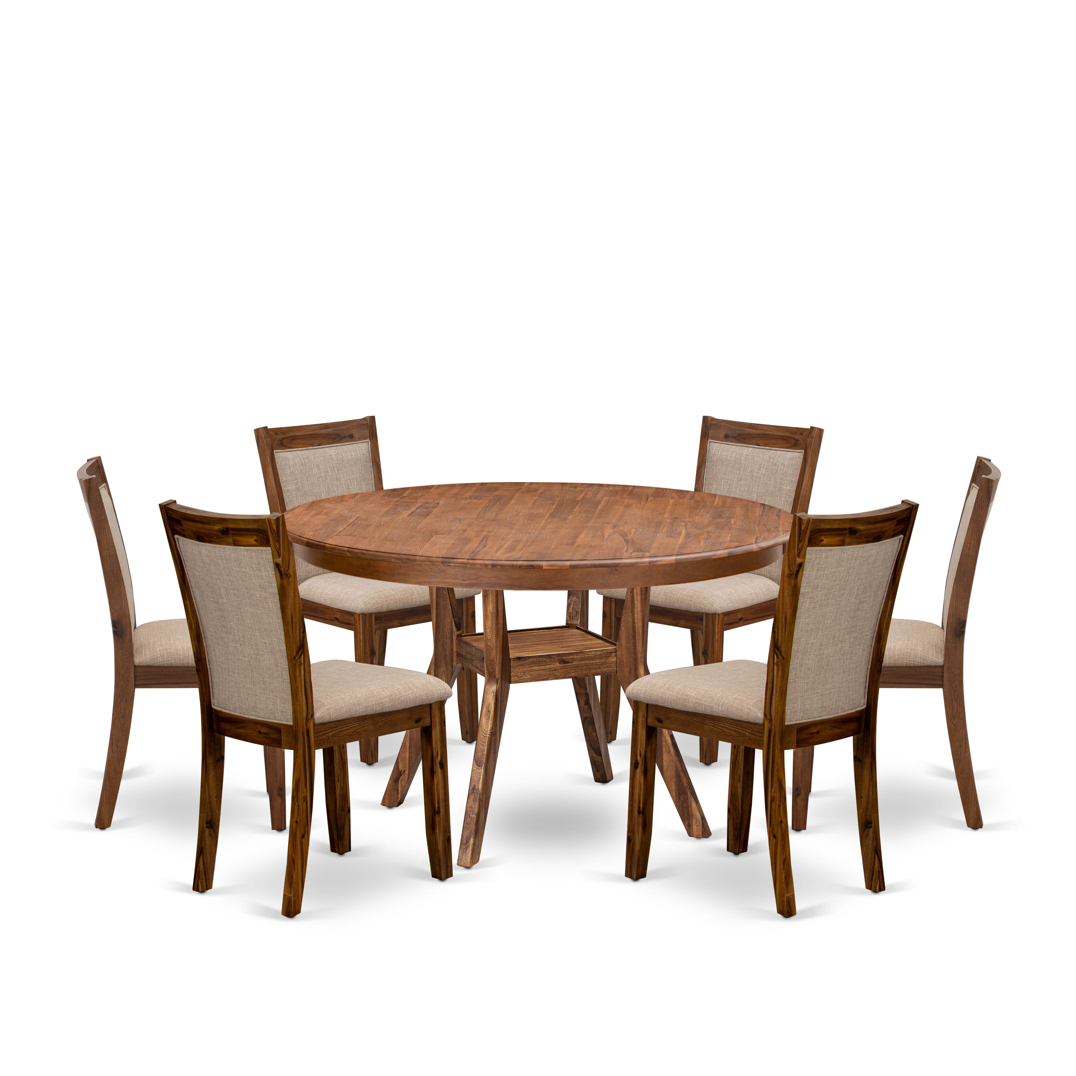 Luxe by East West Furniture F8MZ7-50N-04 7-Pc Kitchen Table Set consists of a Pedestal Breakfast Table and 6 Light Tan Linen Fabric Chairs with Padded Back- Antique Walnut