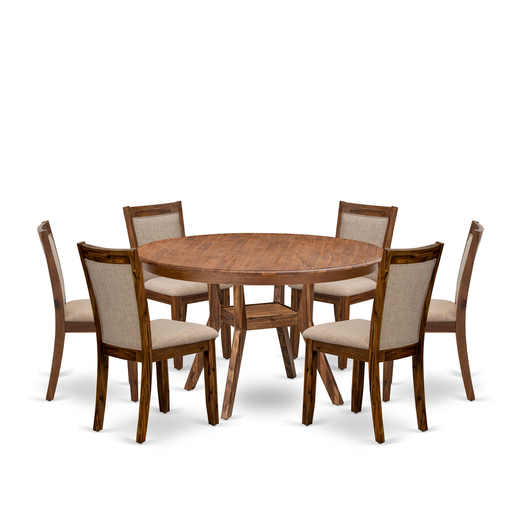 Luxe by East West Furniture F8MZ7-50N-04 7-Pc Kitchen Table Set consists of a Pedestal Breakfast Table and 6 Light Tan Linen Fabric Chairs with Padded Back- Antique Walnut