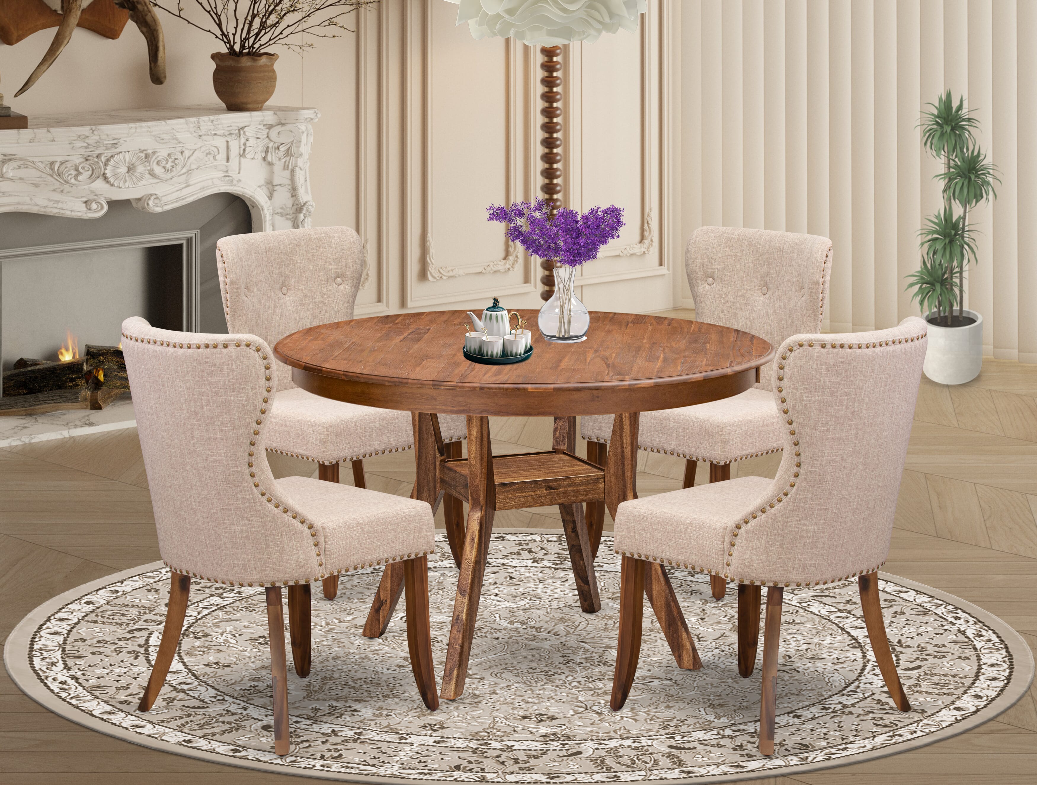 Luxe by East West Furniture F8SI5-40N-04 5-Pc Dining Set consists of a Pedestal Kitchen Table and 4 Light Tan Linen Fabric Kitchen Chairs with Button Tufted- Antique Walnut
