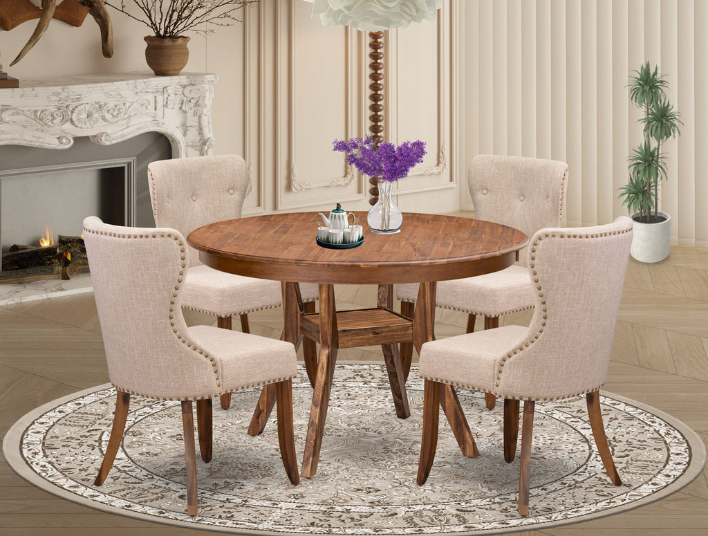 Luxe by East West Furniture F8SI5-40N-04 5-Pc Dining Set consists of a Pedestal Kitchen Table and 4 Light Tan Linen Fabric Kitchen Chairs with Button Tufted- Antique Walnut