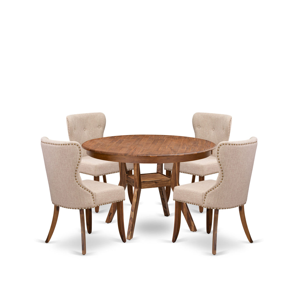 Luxe by East West Furniture F8SI5-40N-04 5-Pc Dining Set consists of a Pedestal Kitchen Table and 4 Light Tan Linen Fabric Kitchen Chairs with Button Tufted- Antique Walnut