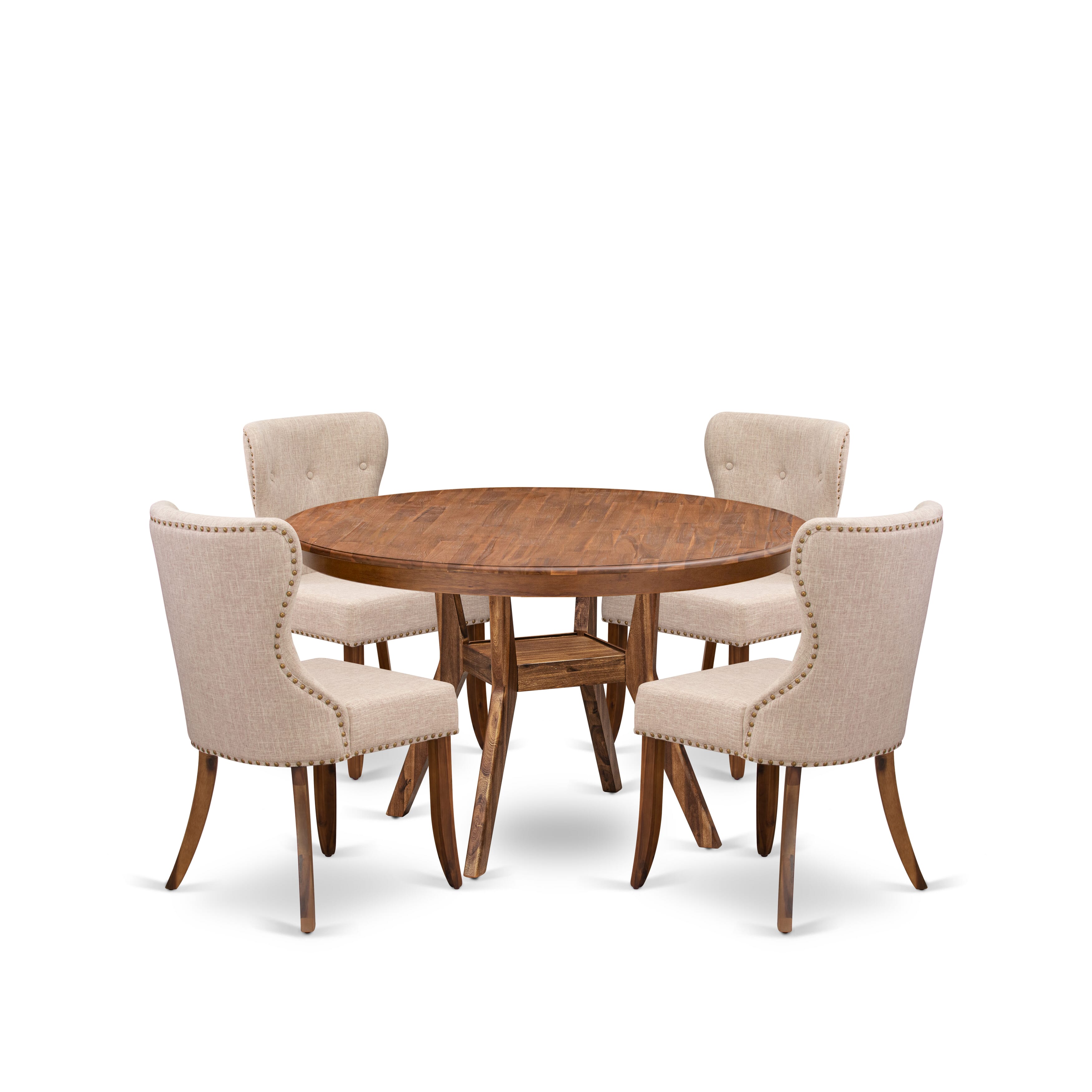 Luxe by East West Furniture F8SI5-50N-04 5-Pc Kitchen Table Set Includes a Pedestal Table and 4 Light Tan Linen Fabric Kitchen Chairs with Button Tufted- Antique Walnut