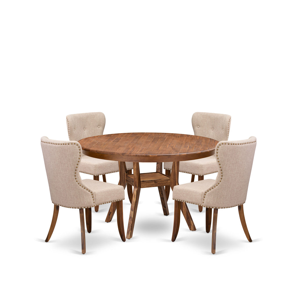 Luxe by East West Furniture F8SI5-50N-04 5-Pc Kitchen Table Set Includes a Pedestal Table and 4 Light Tan Linen Fabric Kitchen Chairs with Button Tufted- Antique Walnut