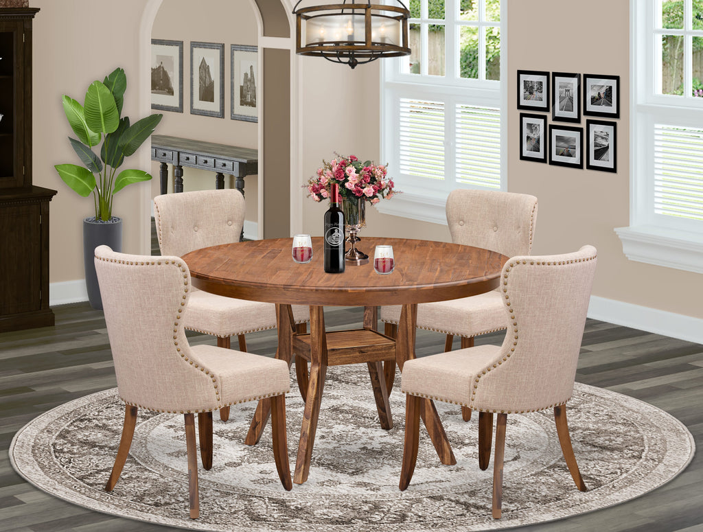 Luxe by East West Furniture F8SI5-50N-04 5-Pc Kitchen Table Set Includes a Pedestal Table and 4 Light Tan Linen Fabric Kitchen Chairs with Button Tufted- Antique Walnut