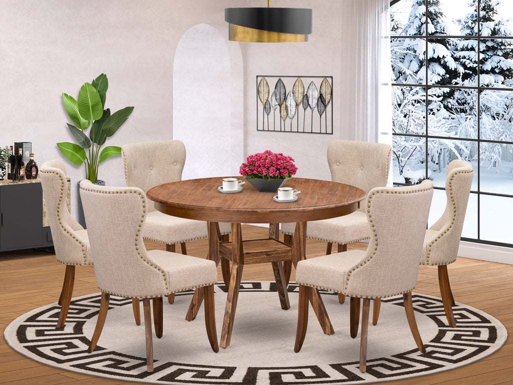Luxe by East West Furniture F8SI7-40N-04 7-Pc Modern Dining Set Includes a Pedestal Kitchen Table and 6 Light Tan Linen Fabric Chairs with Button Tufted- Antique Walnut