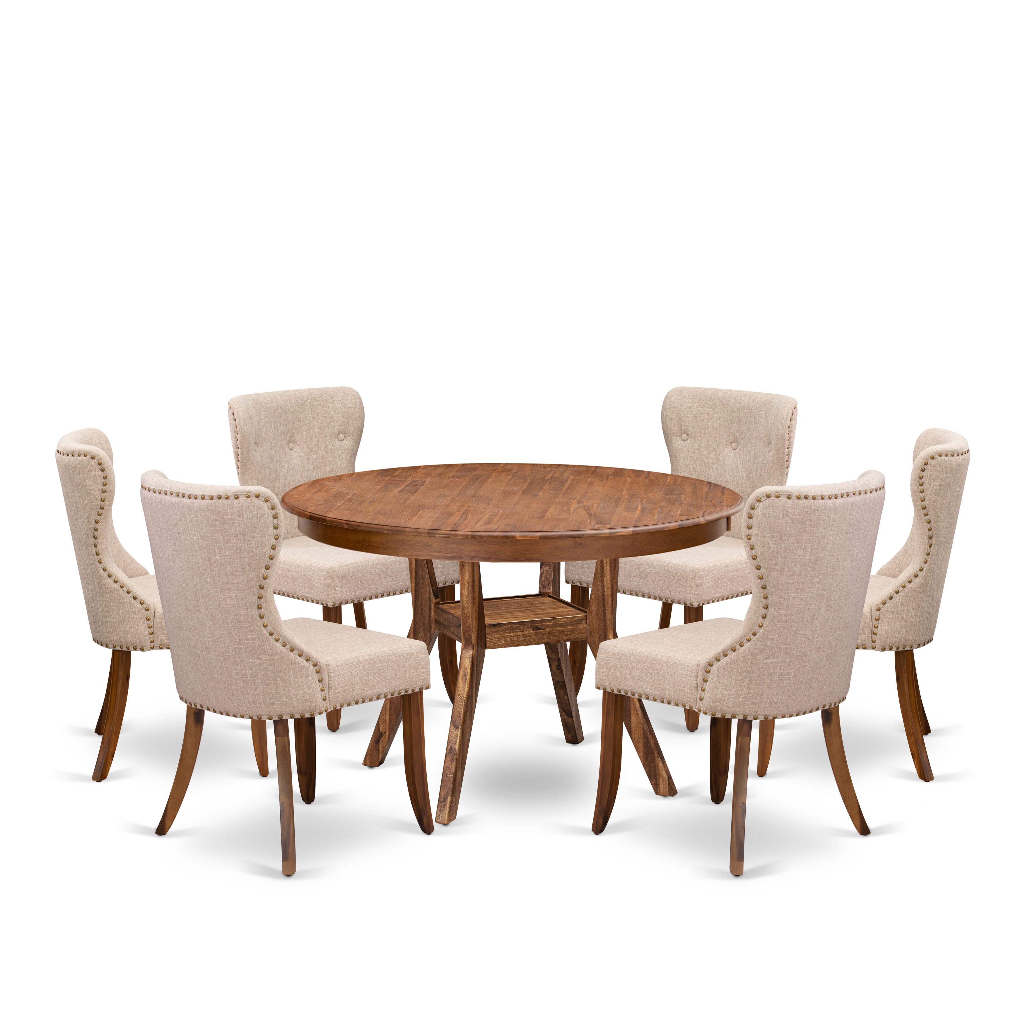 Luxe by East West Furniture F8SI7-40N-04 7-Pc Modern Dining Set Includes a Pedestal Kitchen Table and 6 Light Tan Linen Fabric Chairs with Button Tufted- Antique Walnut
