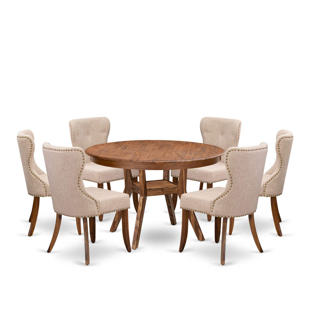 Luxe by East West Furniture F8SI7-40N-04 7-Pc Modern Dining Set Includes a Pedestal Kitchen Table and 6 Light Tan Linen Fabric Chairs with Button Tufted- Antique Walnut