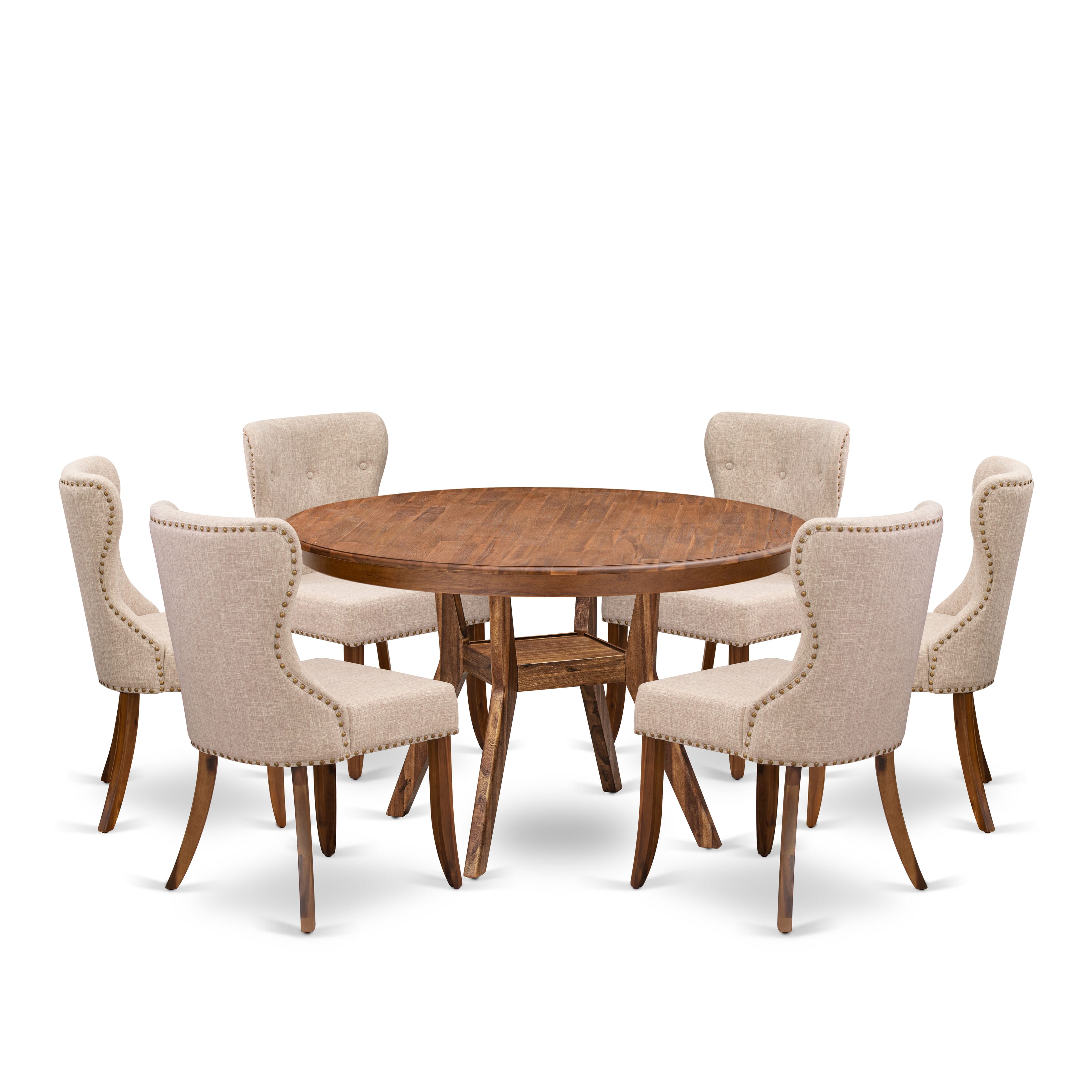 Luxe by East West Furniture F8SI7-50N-04 7-Pc Dining Set consists of a Pedestal Dining Table and 6 Light Tan Linen Fabric Parson Chairs with Button Tufted- Antique Walnut