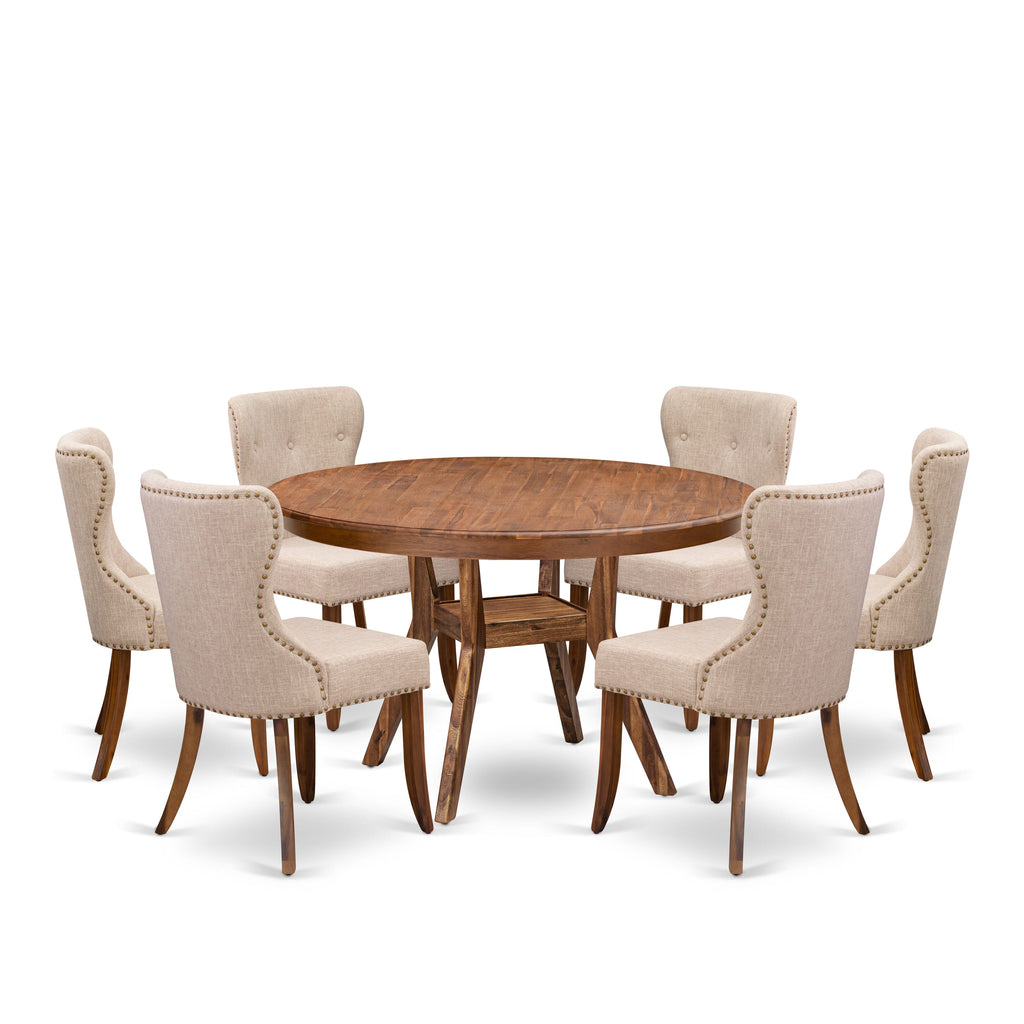 Luxe by East West Furniture F8SI7-50N-04 7-Pc Dining Set consists of a Pedestal Dining Table and 6 Light Tan Linen Fabric Parson Chairs with Button Tufted- Antique Walnut