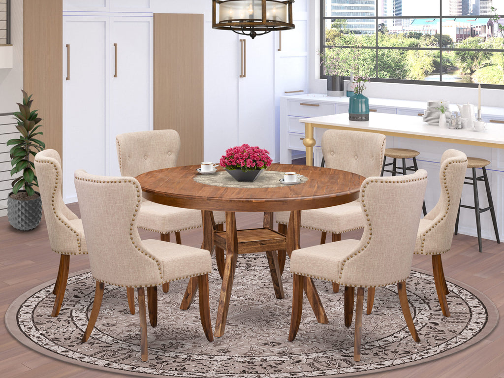 Luxe by East West Furniture F8SI7-50N-04 7-Pc Dining Set consists of a Pedestal Dining Table and 6 Light Tan Linen Fabric Parson Chairs with Button Tufted- Antique Walnut