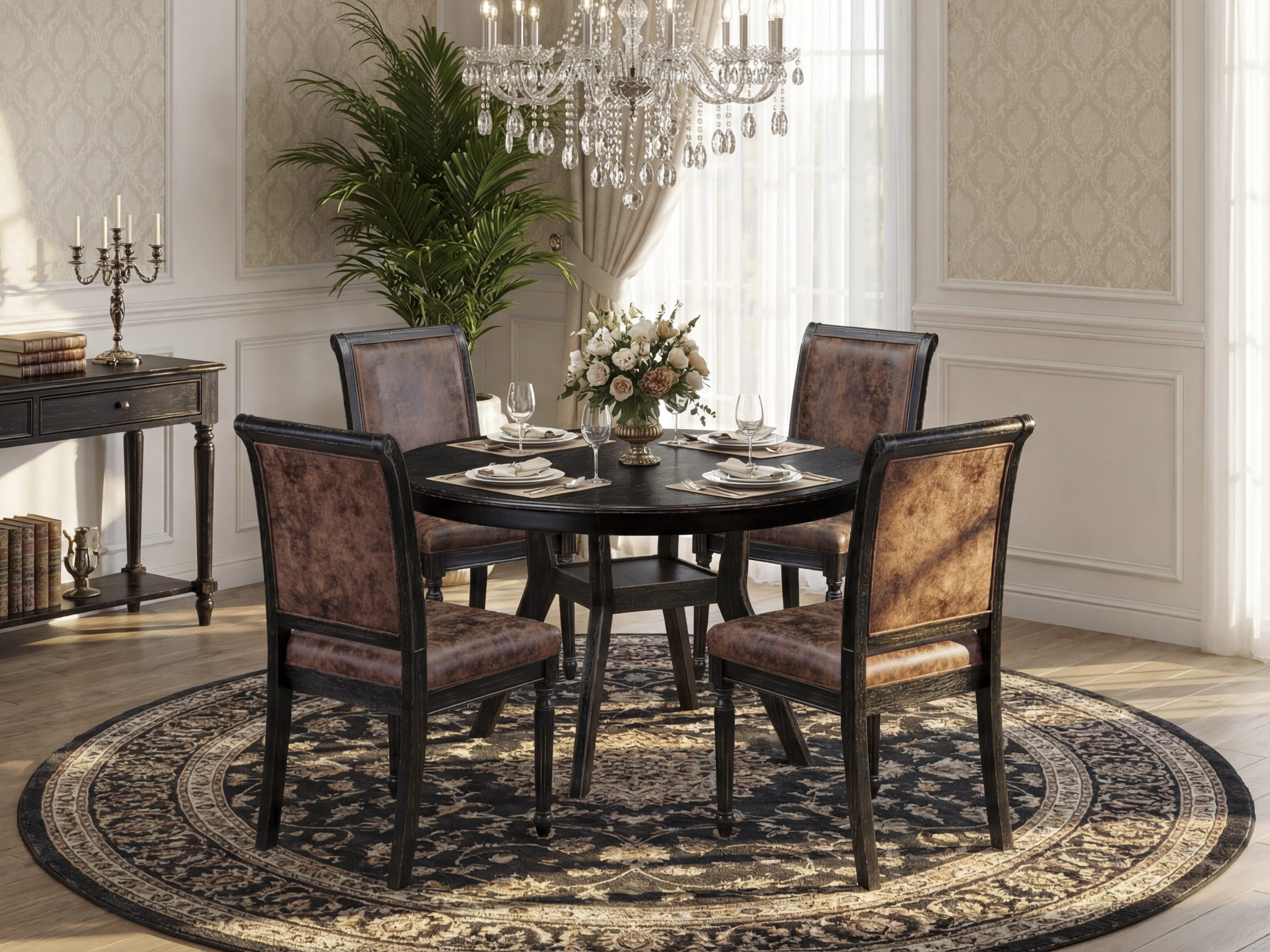 Luxe by East West Furniture - F8TY5-411-33 5-Piece Dining Table Set Includes a Round Mid Century Modern Table and 4 Dark Gray Polyester Chairs with High Back, Sand Blasting Black Finish.