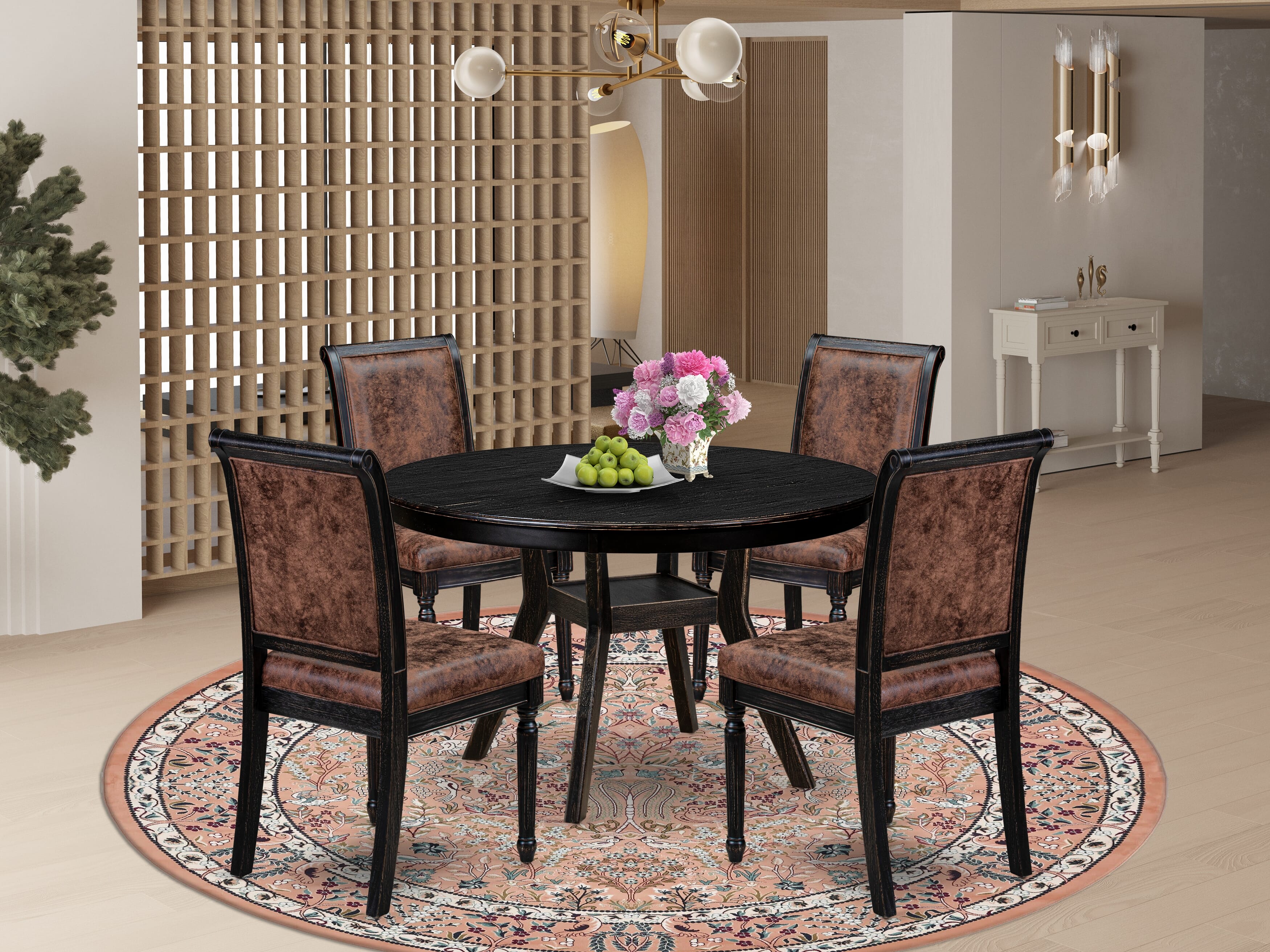 Luxe by East West Furniture - F8TY5-411-33 5-Piece Dining Table Set Includes a Round Mid Century Modern Table and 4 Dark Gray Polyester Chairs with High Back, Sand Blasting Black Finish.