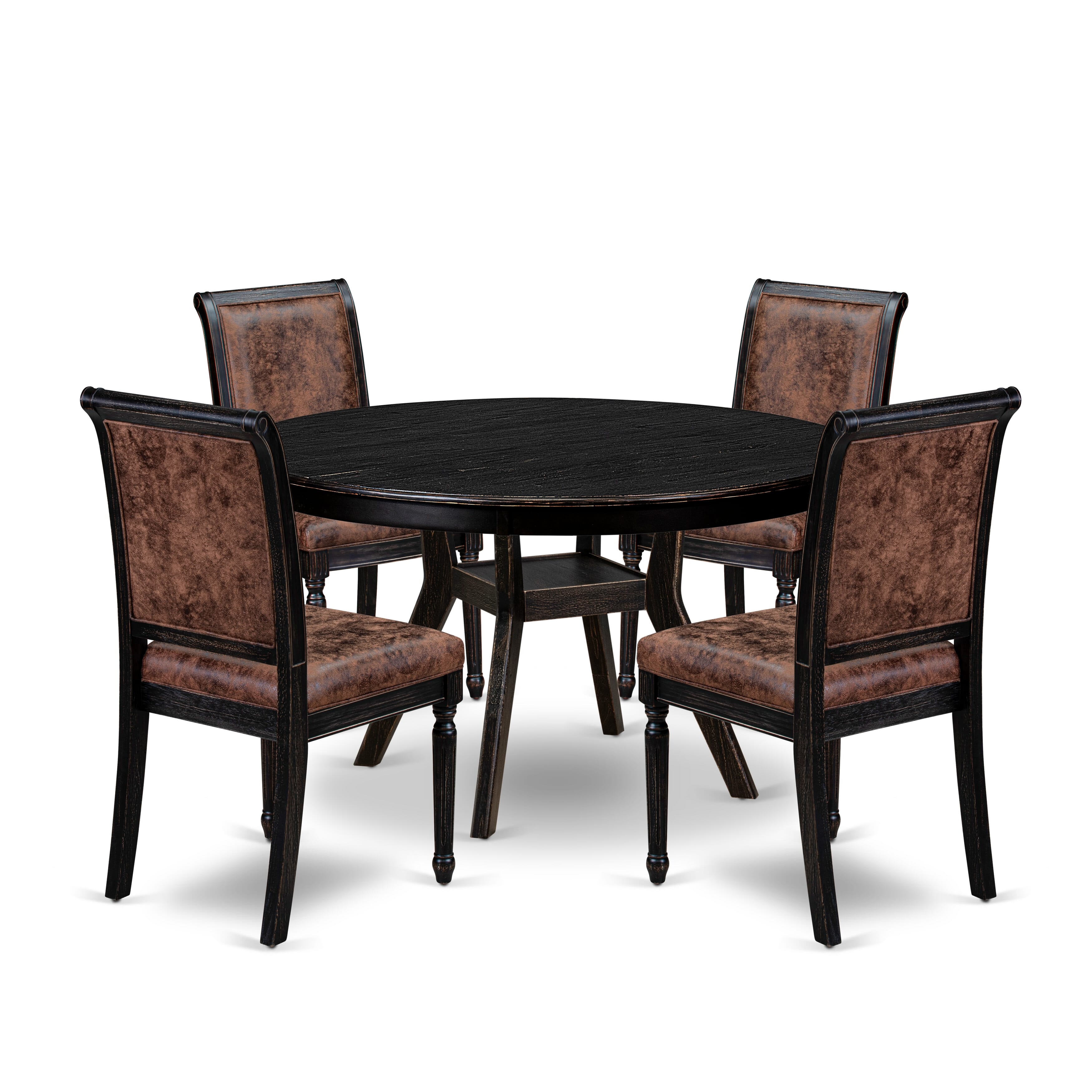 Luxe by East West Furniture - F8TY5-511-33 5-Piece Kitchen Table Set Includes a Round Dinner Table and 4 Brown Textured Polyester Chairs with High Back, Sand Blasting Black Finish.