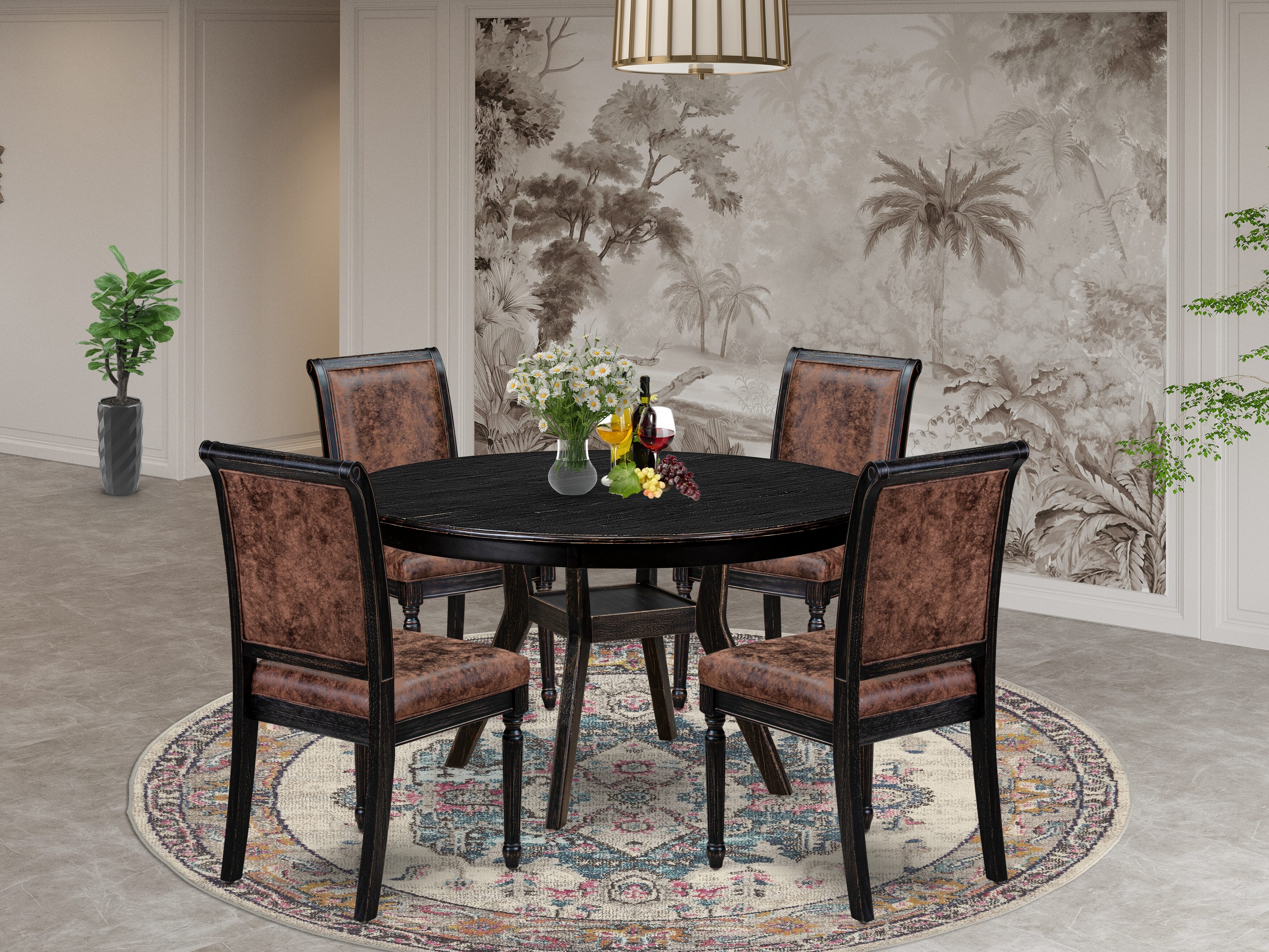 Luxe by East West Furniture - F8TY5-511-33 5-Piece Kitchen Table Set Includes a Round Dinner Table and 4 Brown Textured Polyester Chairs with High Back, Sand Blasting Black Finish.