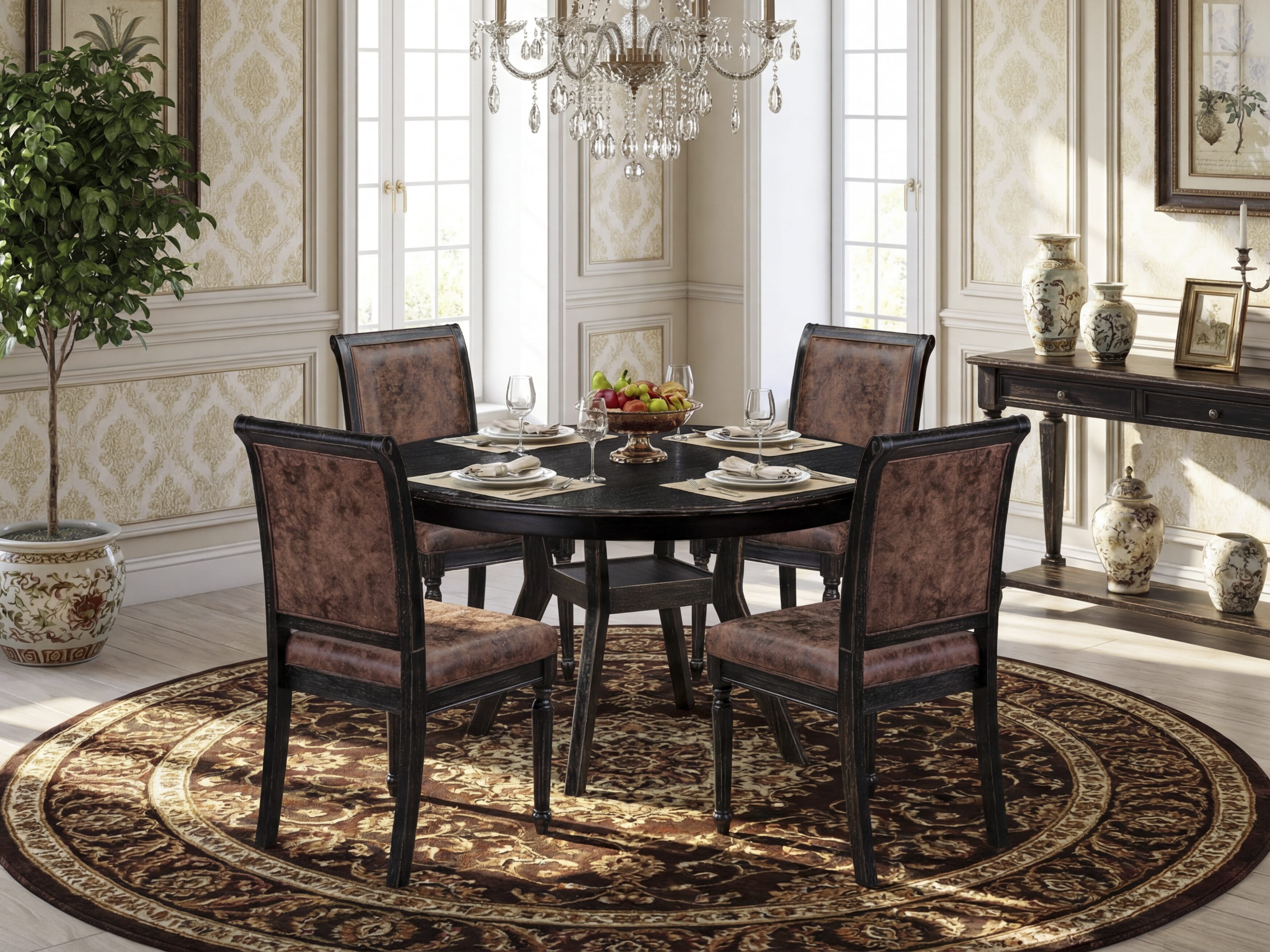 Luxe by East West Furniture - F8TY5-511-33 5-Piece Kitchen Table Set Includes a Round Dinner Table and 4 Brown Textured Polyester Chairs with High Back, Sand Blasting Black Finish.