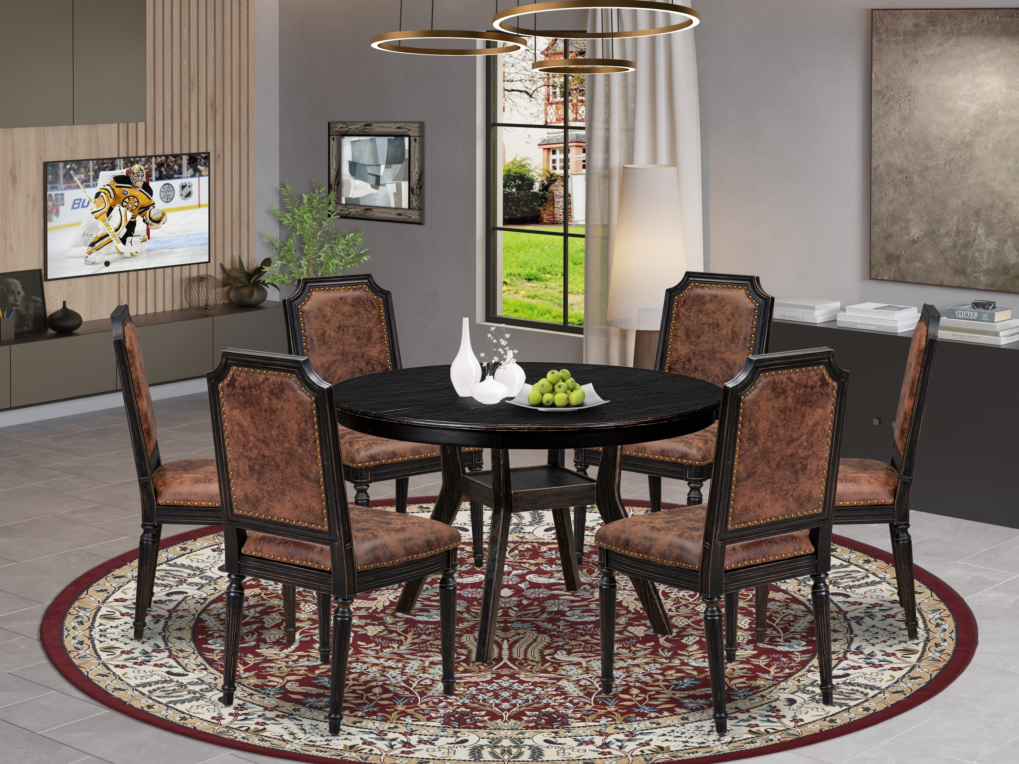 Luxe by East West Furniture - F8TY7-411-33 7-Piece Dining Set Consists of a Round Dining Table and 6 Brown Textured Polyester Chairs with High Back, Sand Blasting Black Finish.