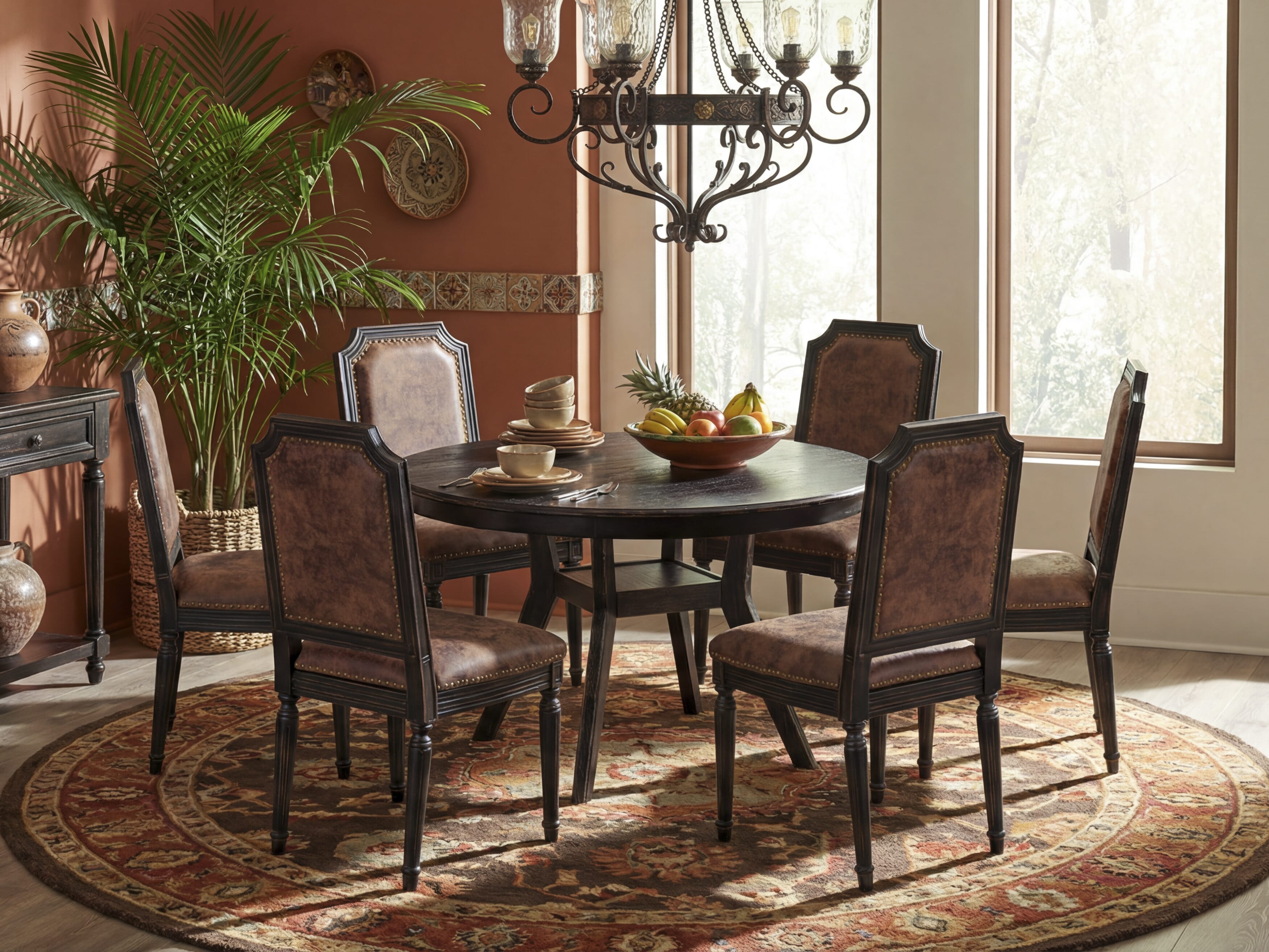 Luxe by East West Furniture - F8TY7-411-33 7-Piece Dining Set Consists of a Round Dining Table and 6 Brown Textured Polyester Chairs with High Back, Sand Blasting Black Finish.