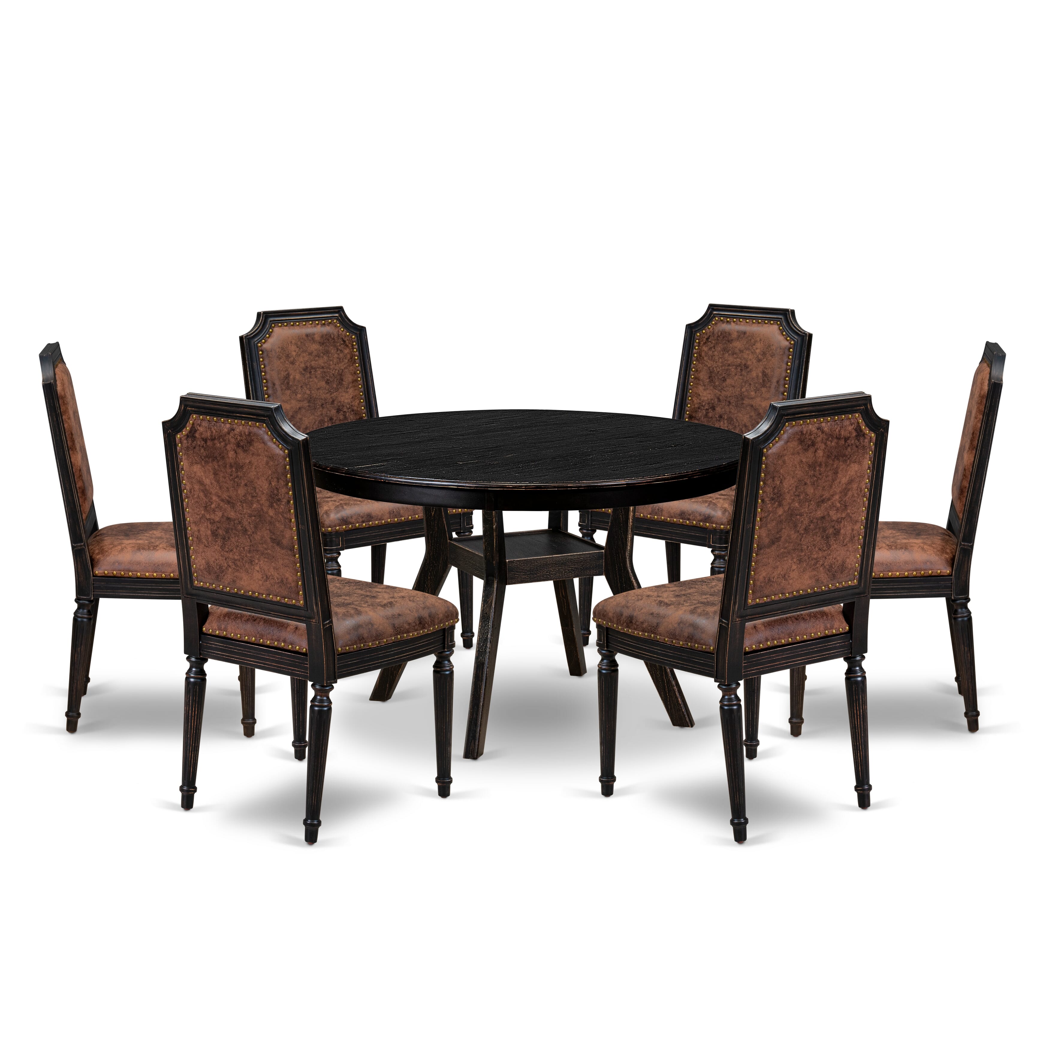 Luxe by East West Furniture - F8TY7-411-33 7-Piece Dining Set Consists of a Round Dining Table and 6 Brown Textured Polyester Chairs with High Back, Sand Blasting Black Finish.
