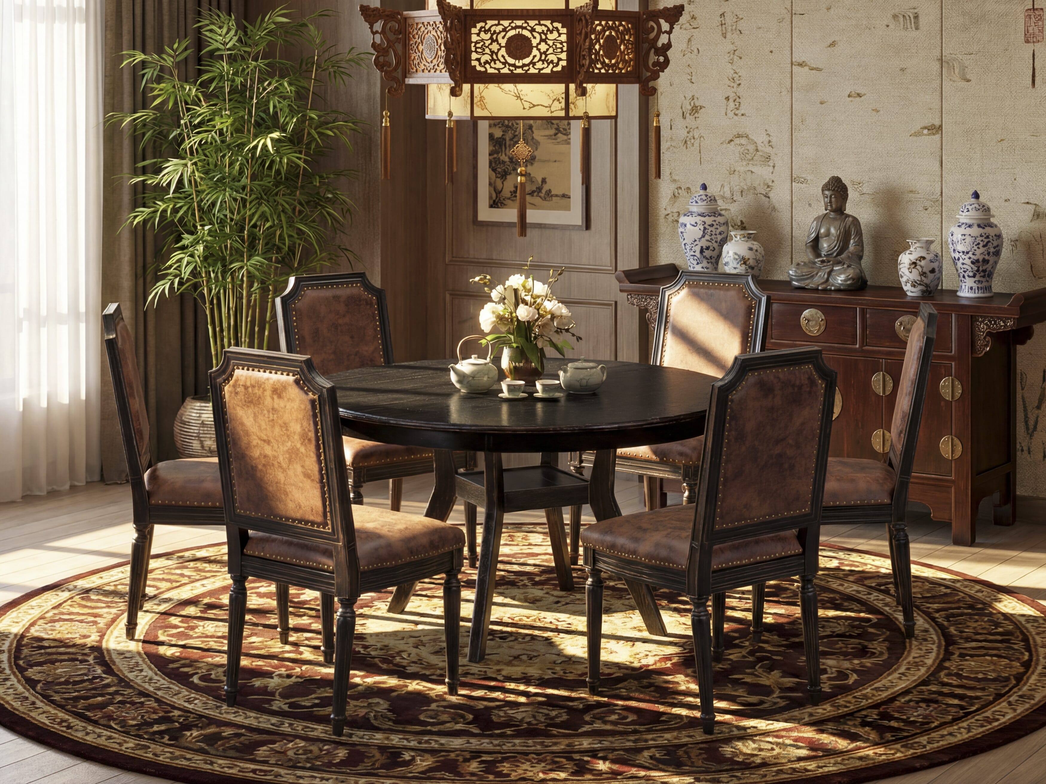 Luxe by East West Furniture - F8TY7-511-33 7-Piece Dining Room Set Contains a Round Kitchen Table and 6 Brown Textured Polyester Chairs with High Back, Sand Blasting Black Finish.