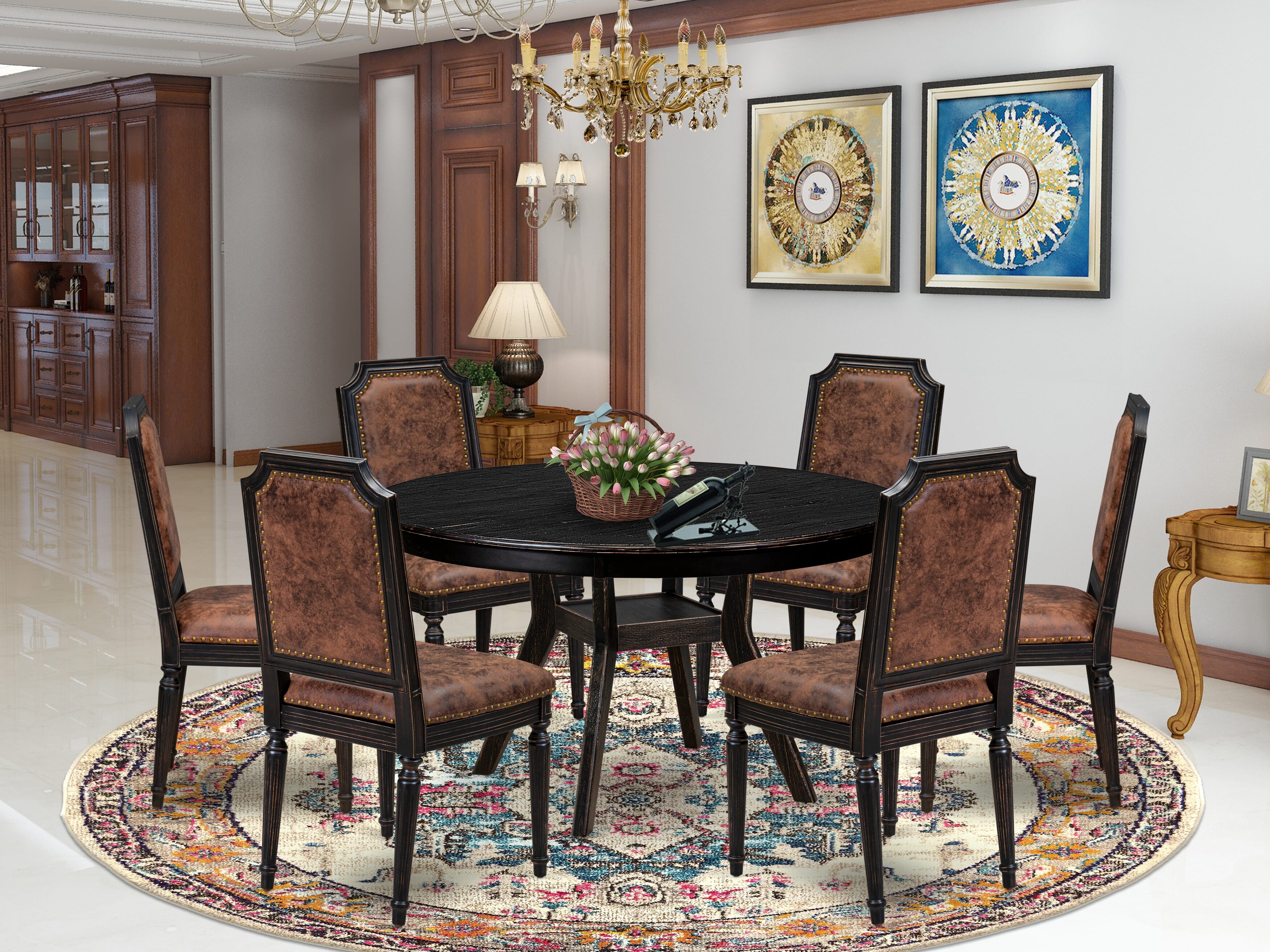 Luxe by East West Furniture - F8TY7-511-33 7-Piece Dining Room Set Contains a Round Kitchen Table and 6 Brown Textured Polyester Chairs with High Back, Sand Blasting Black Finish.