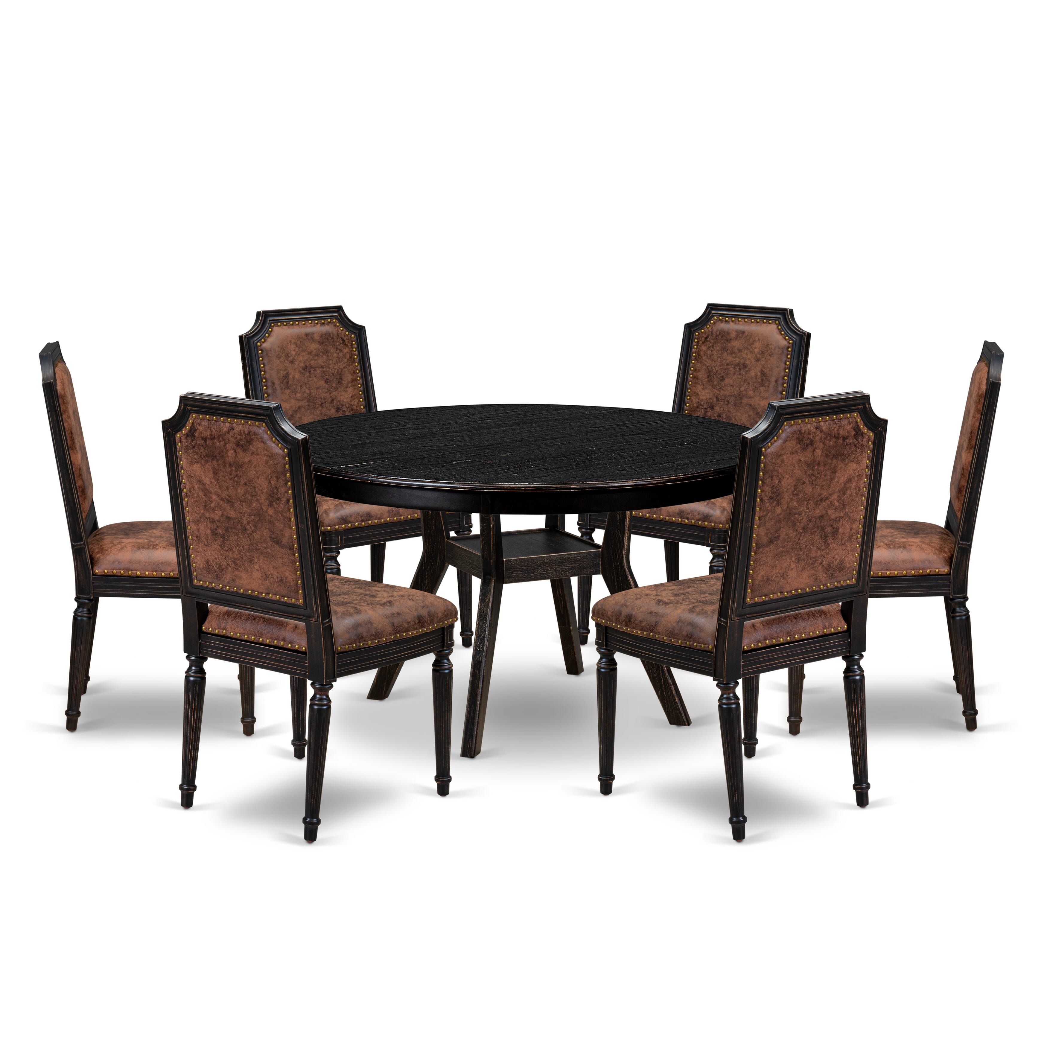 Luxe by East West Furniture - F8TY7-511-33 7-Piece Dining Room Set Contains a Round Kitchen Table and 6 Brown Textured Polyester Chairs with High Back, Sand Blasting Black Finish.
