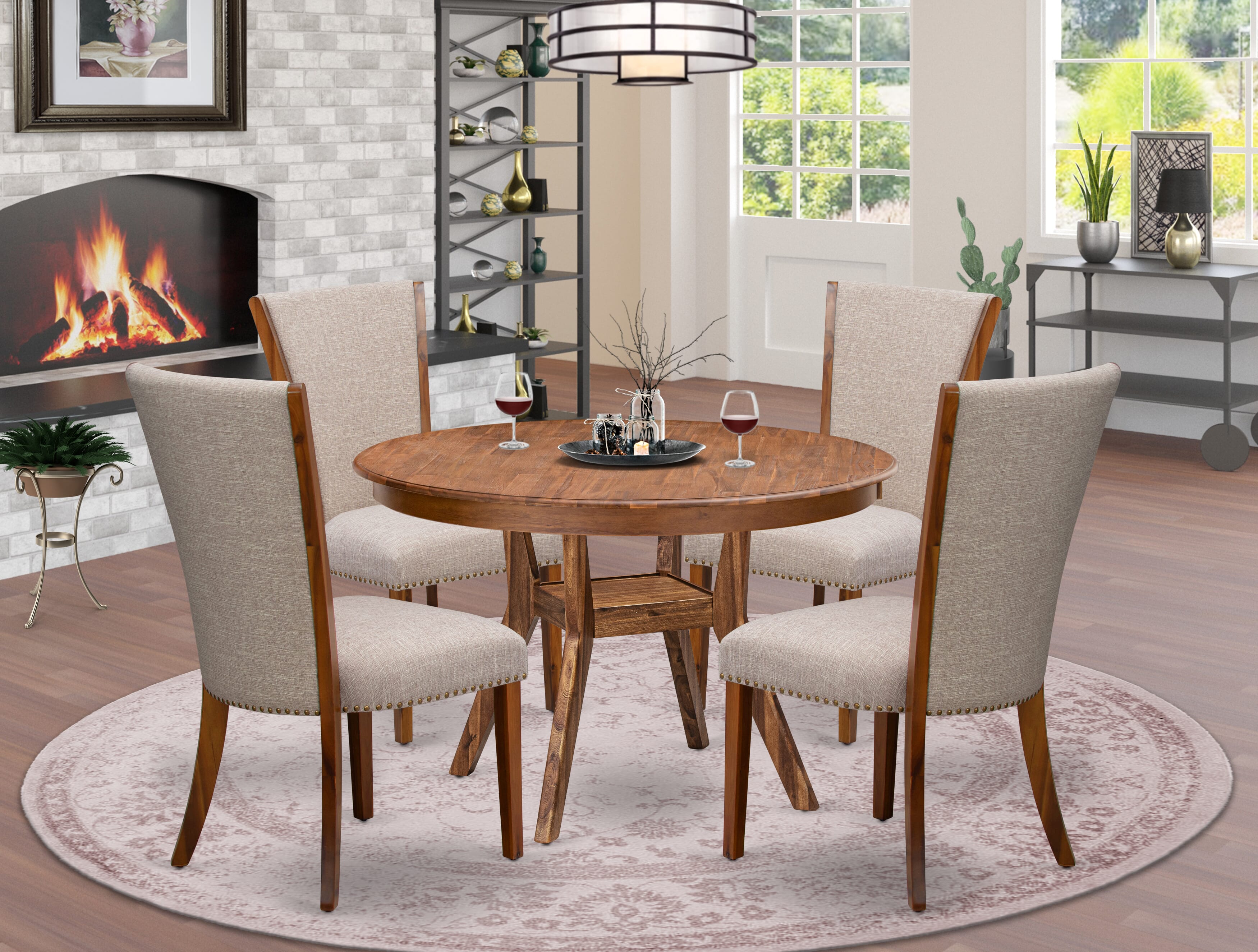 Luxe by East West Furniture F8VE5-40N-04 5 Piece Dining Table Set Contains a 48" Round Table with Pedestal and 4 Light Tan Linen Fabric Padded Chairs, Antique Walnut