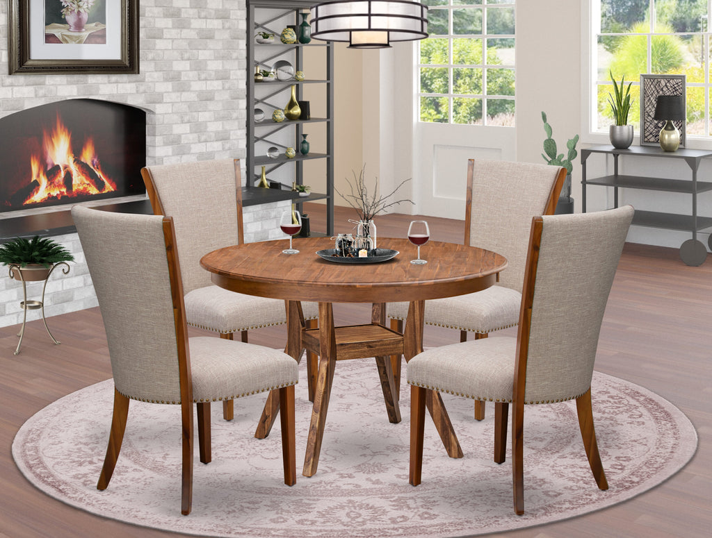 Luxe by East West Furniture F8VE5-40N-04 5 Piece Dining Table Set Contains a 48" Round Table with Pedestal and 4 Light Tan Linen Fabric Padded Chairs, Antique Walnut