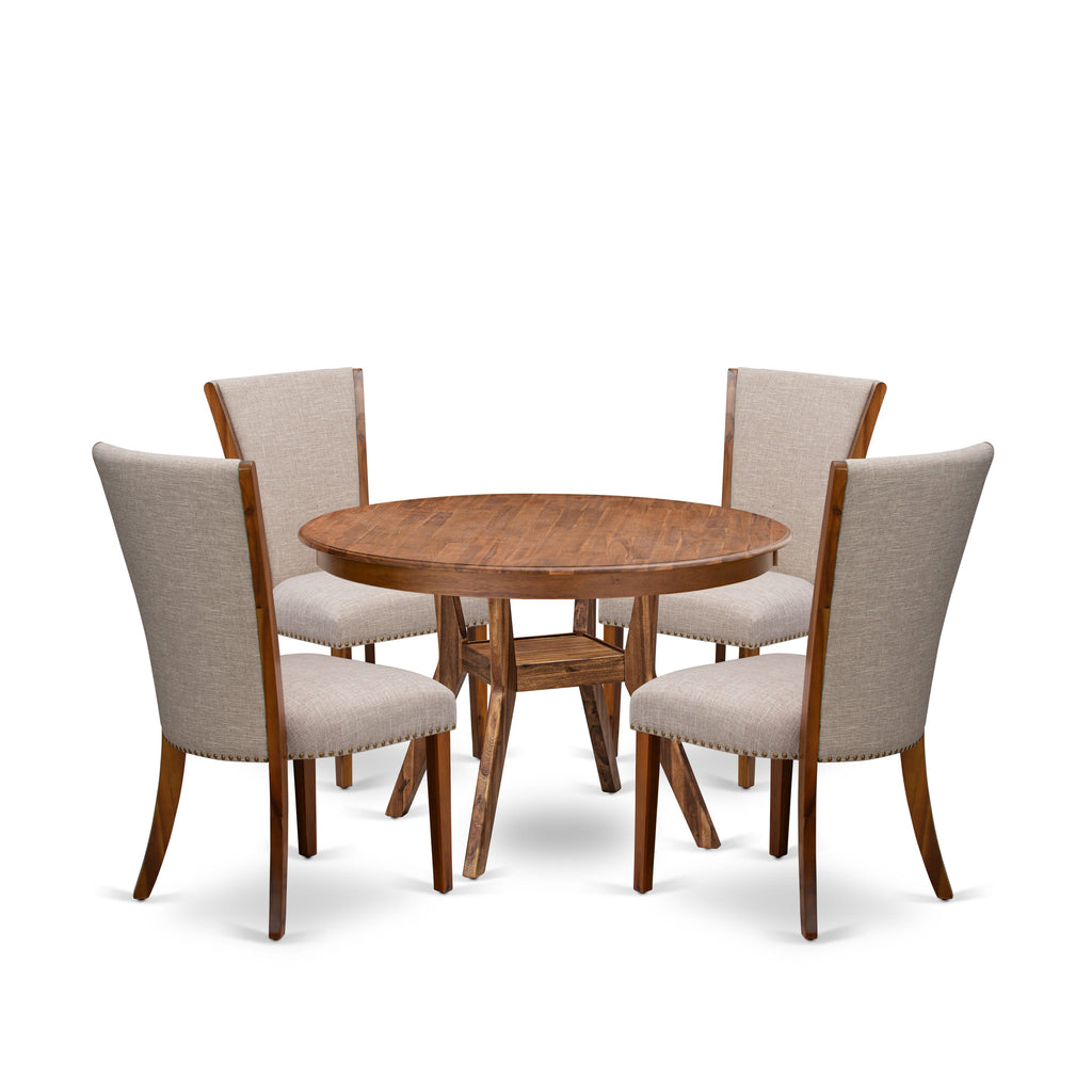 Luxe by East West Furniture F8VE5-40N-04 5 Piece Dining Table Set Contains a 48" Round Table with Pedestal and 4 Light Tan Linen Fabric Padded Chairs, Antique Walnut