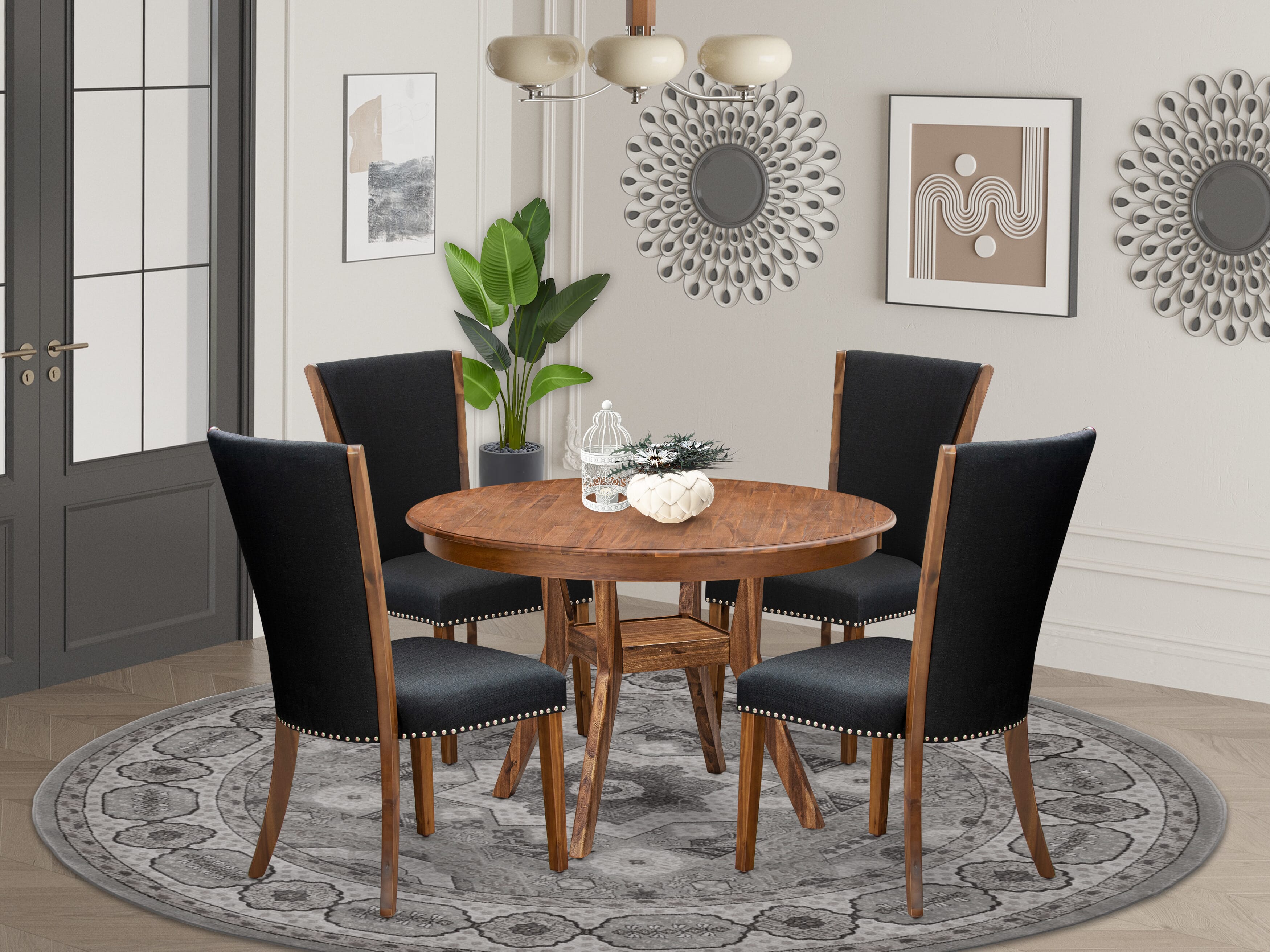 Luxe by East West Furniture F8VE5-40N-24 5 Piece Dining Set for 4 Consists of a 48" Round Table with Pedestal and 4 Black Linen Fabric Parson Chairs, Antique Walnut