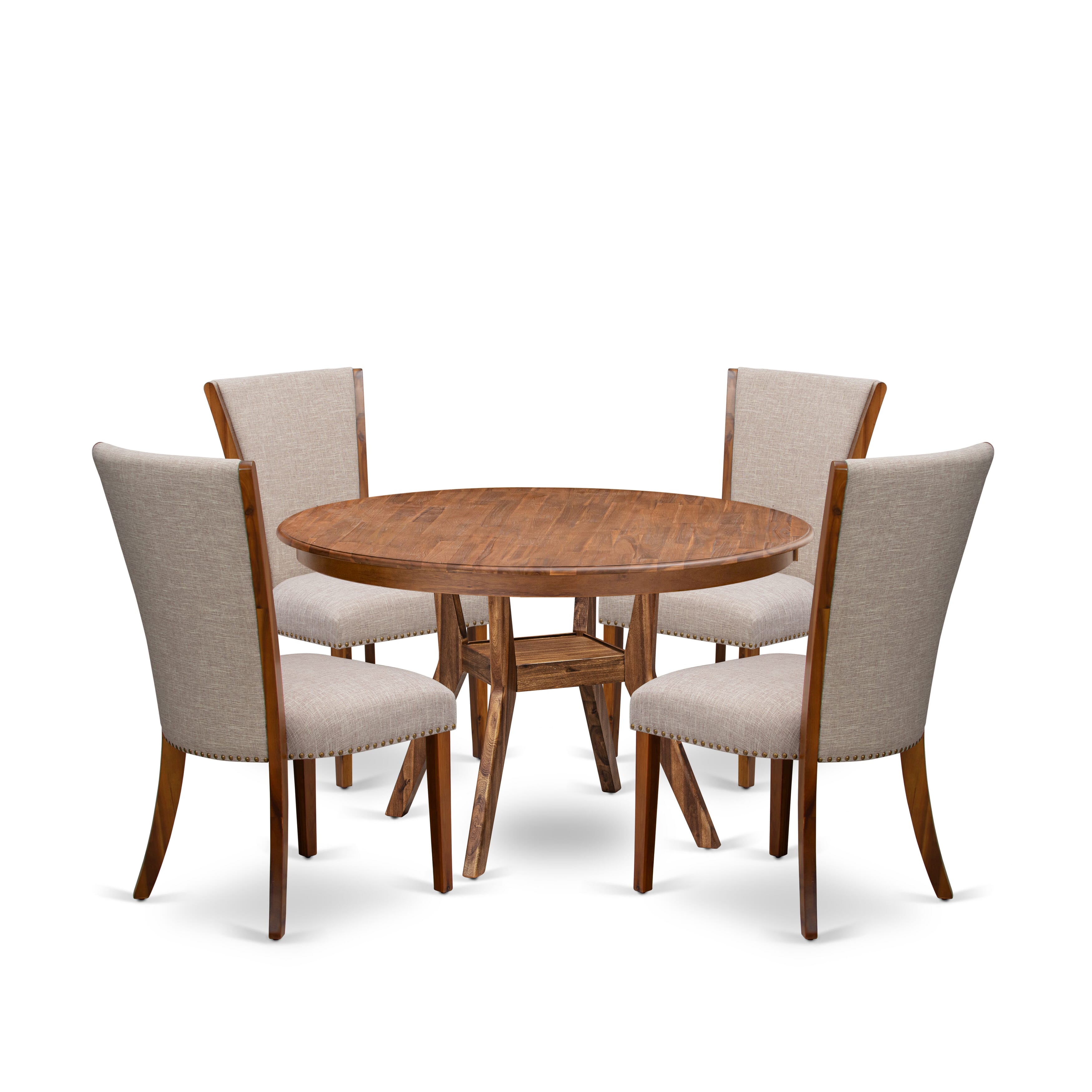 Luxe by East West Furniture F8VE5-50N-04 5 Piece Dining Set Consists of a 54" Round Kitchen Table with Pedestal and 4 Light Tan Linen Fabric Parson Chairs, Antique Walnut