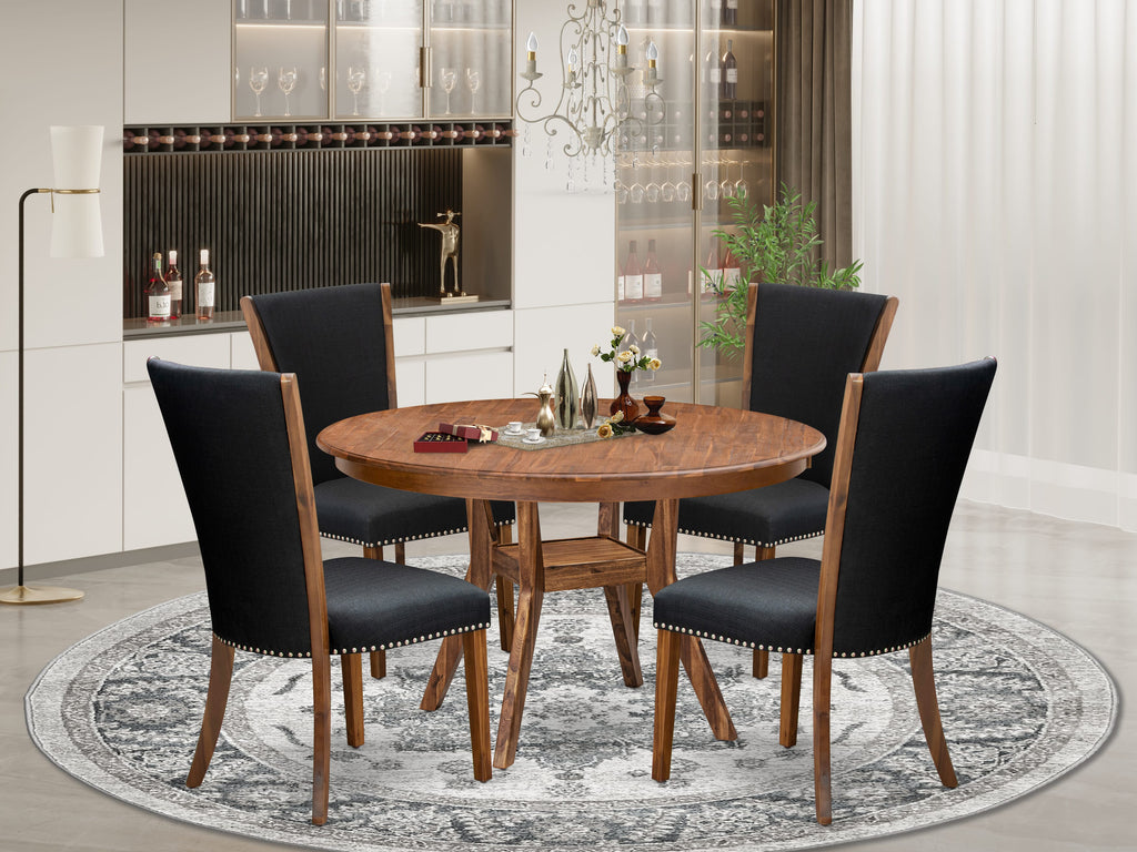 Luxe by East West Furniture F8VE5-50N-24 5 Piece Dining Table Set Includes a 54" Round Kitchen Table with Pedestal and 4 Black Linen Fabric Parson Chairs, Antique Walnut