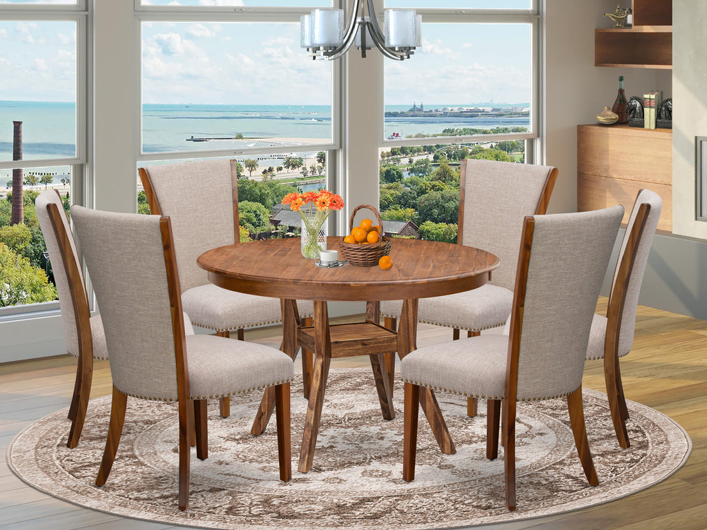 Luxe by East West Furniture F8VE7-40N-04 7 Piece Kitchen Table Set Includes a 48" Round Table with Pedestal and 6 Light Tan Linen Fabric Parson Chairs, Antique Walnut