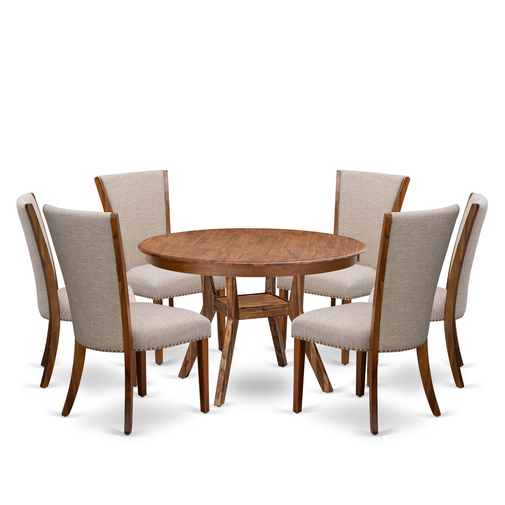 Luxe by East West Furniture F8VE7-40N-04 7 Piece Kitchen Table Set Includes a 48" Round Table with Pedestal and 6 Light Tan Linen Fabric Parson Chairs, Antique Walnut