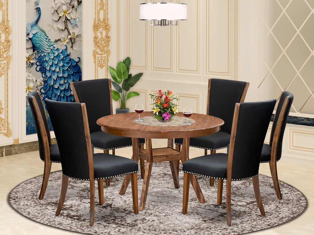 Luxe by East West Furniture F8VE7-40N-24 7 Piece Kitchen Table Set Contains a 48" Round Table with Pedestal and 6 Black Linen Fabric Upholstered Chairs, Antique Walnut