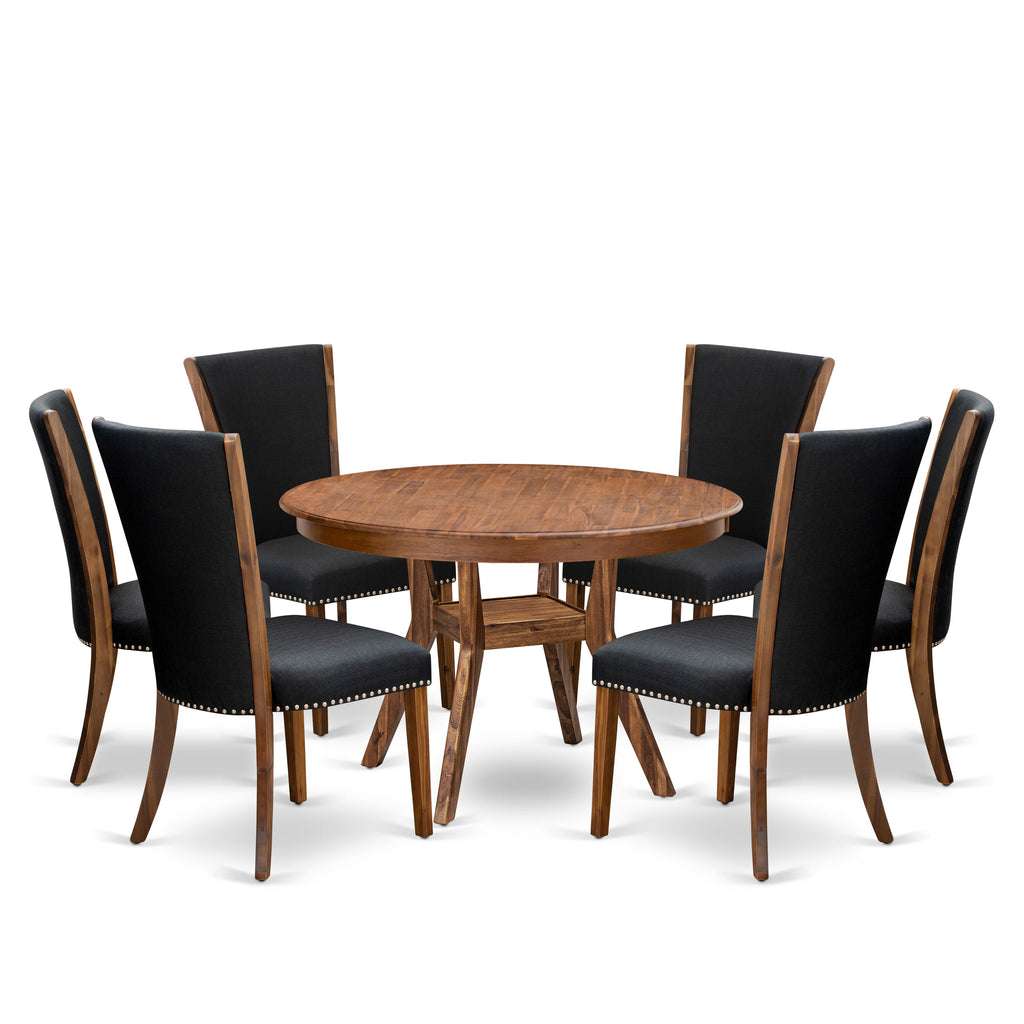 Luxe by East West Furniture F8VE7-40N-24 7 Piece Kitchen Table Set Contains a 48" Round Table with Pedestal and 6 Black Linen Fabric Upholstered Chairs, Antique Walnut