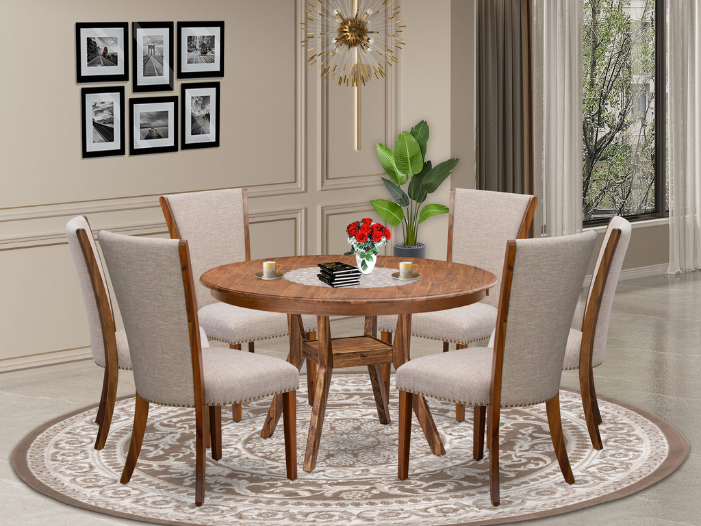 Luxe by East West Furniture F8VE7-50N-04 7 Piece Kitchen Table Set Contains a 54" Round Table with Pedestal and 6 Light Tan Linen Fabric Parson Chairs, Antique Walnut