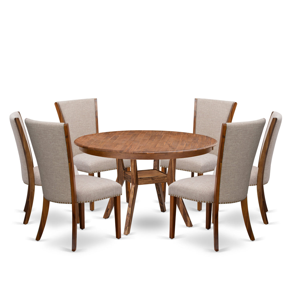 Luxe by East West Furniture F8VE7-50N-04 7 Piece Kitchen Table Set Contains a 54" Round Table with Pedestal and 6 Light Tan Linen Fabric Parson Chairs, Antique Walnut