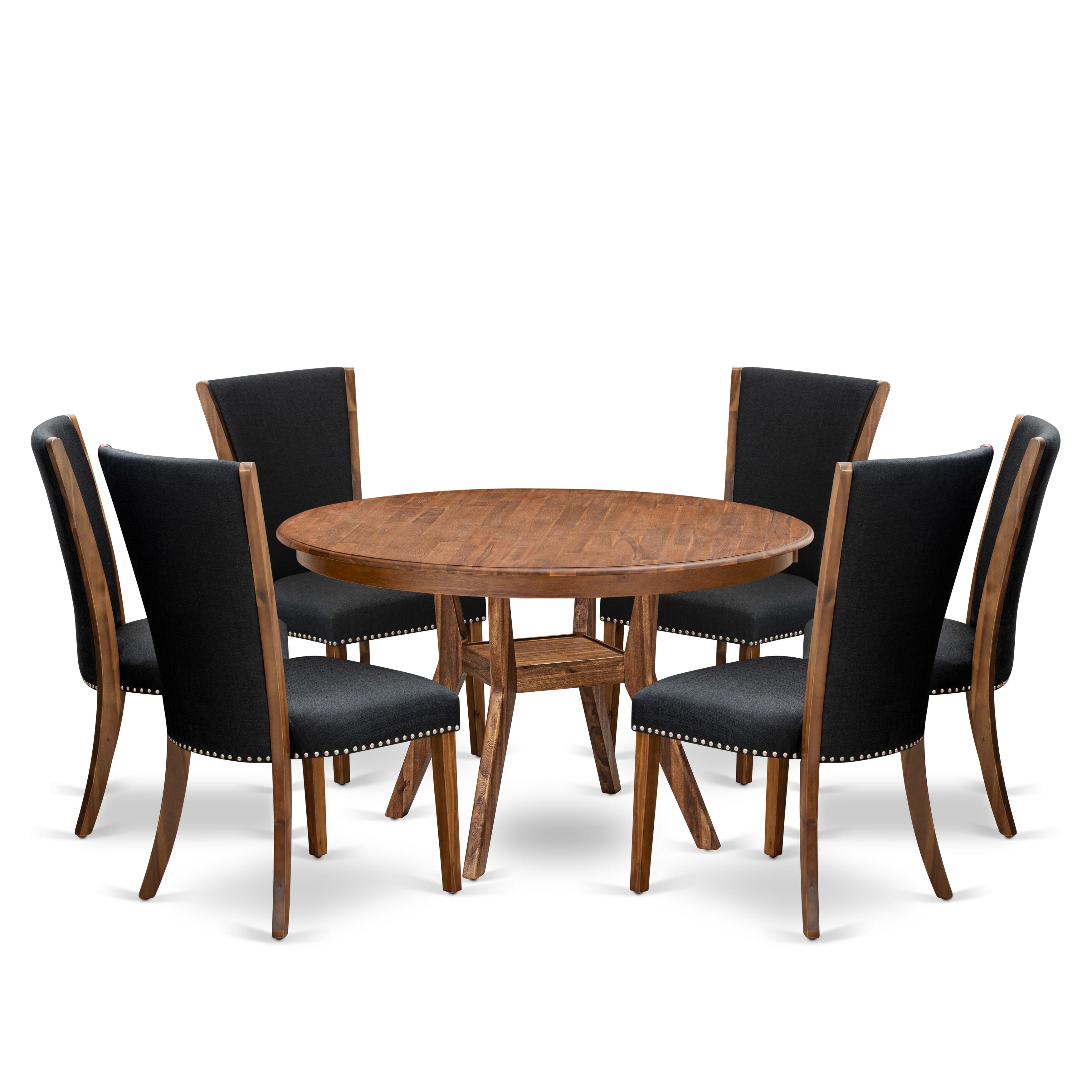 Luxe by East West Furniture F8VE7-50N-24 7 Piece Dining Set for 6 Consists of a 54" Round Table with Pedestal and 6 Black Linen Fabric Parson Chairs, Antique Walnut