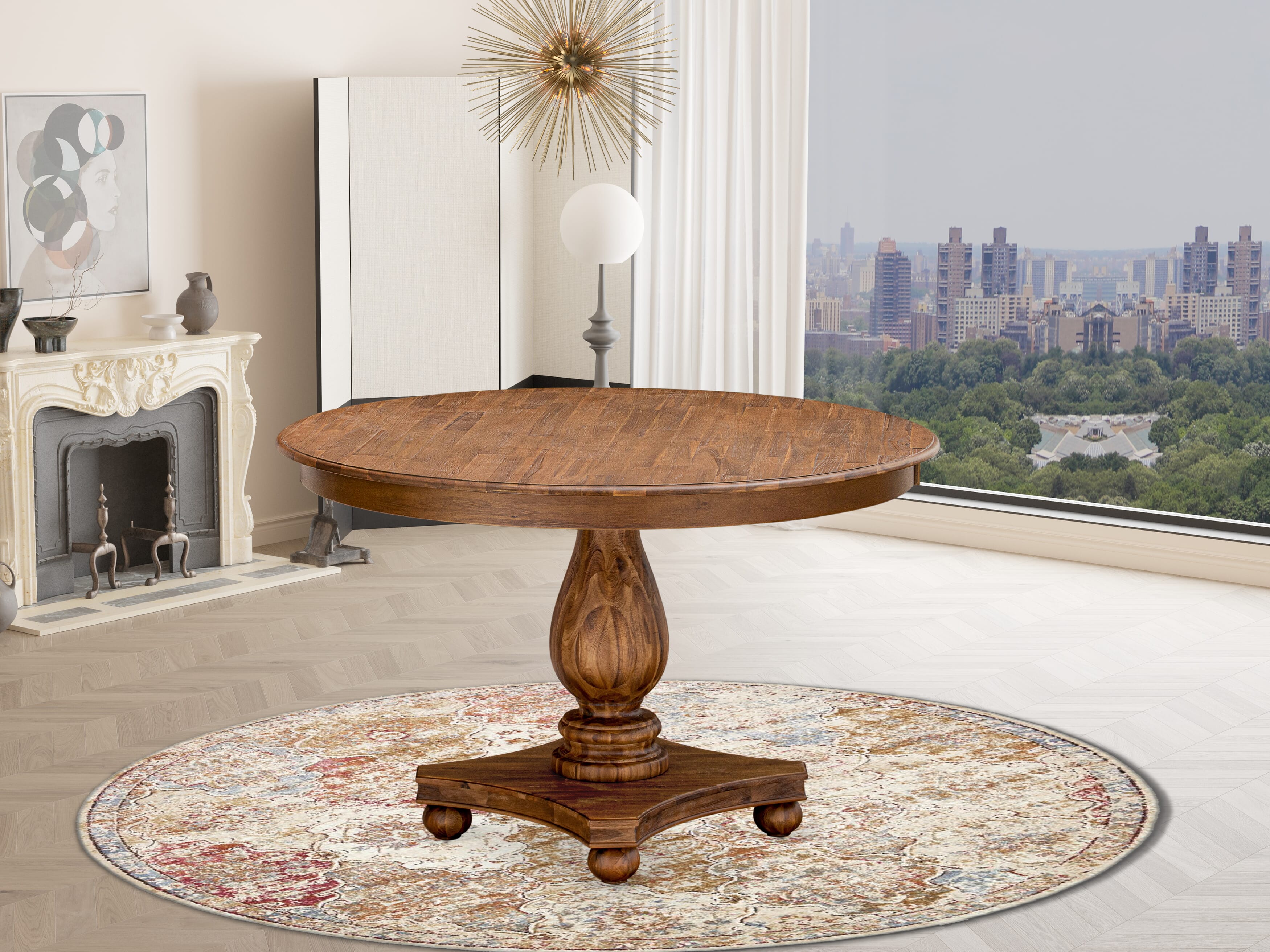 Luxe by East West Furniture F2AM5-40N-34 5-Piece Dining Set includes a round table top with a stylish pedestal and 4 Pu leather Dark Gray kitchen chairs with high backs - Antique Walnut