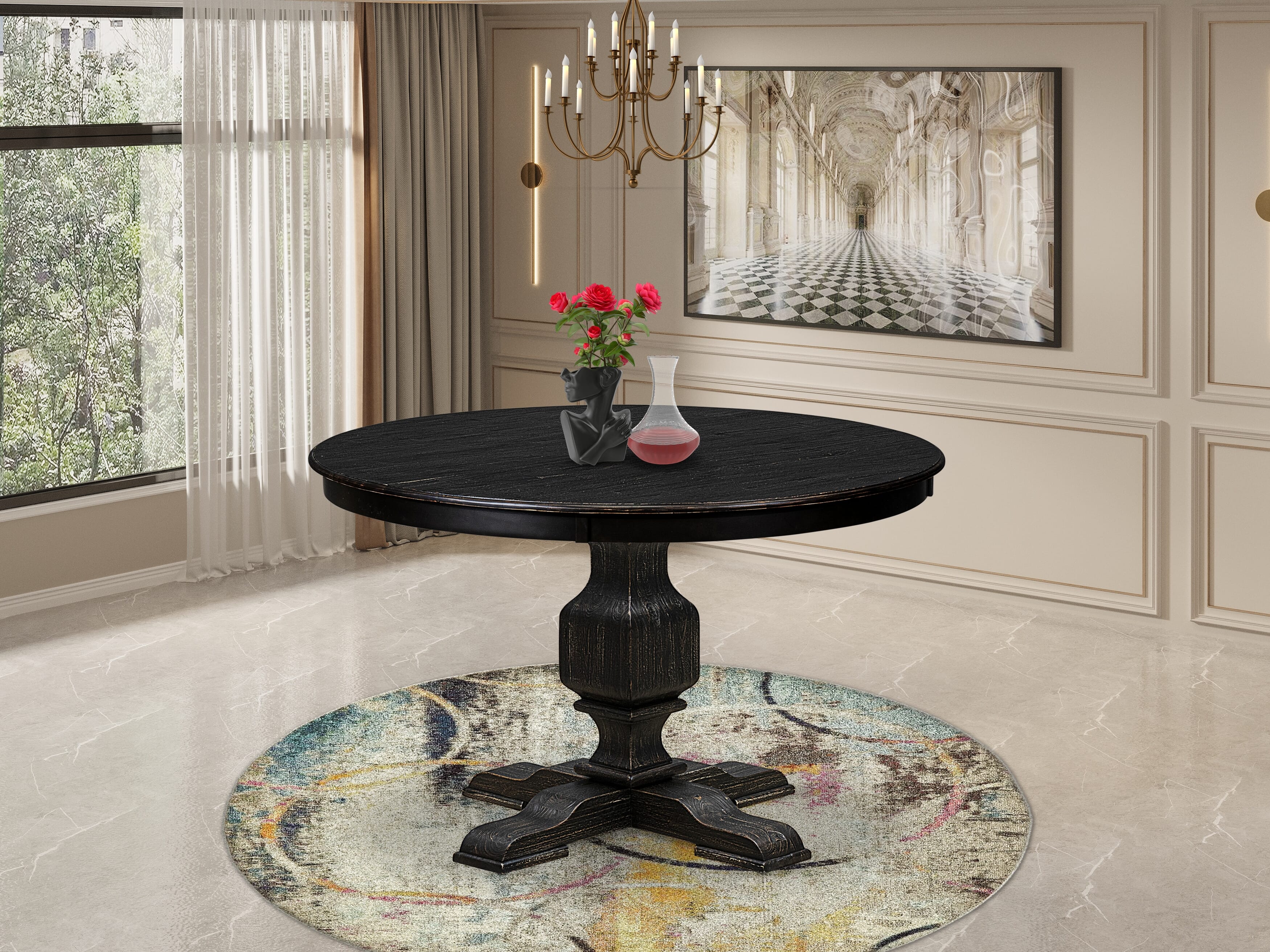 Luxe by East West Furniture F3DA7-411-24 7 Piece Kitchen Table Set Includes a 48" Round Table with Pedestal and 6 Black Linen Fabric Upholstered Chairs, Sand Blasted Black