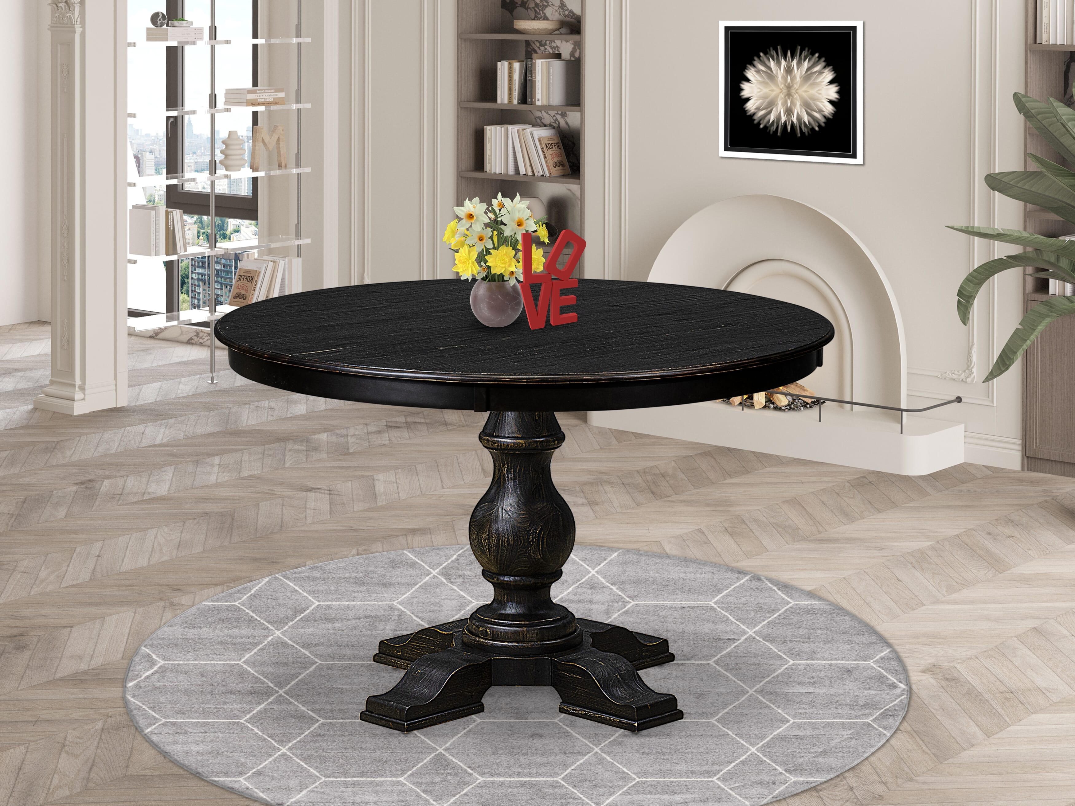 Luxe by East West Furniture F5DA7-411-13 7-piece Kitchen Table Set with Faux Leather 6 Platinum Gray Dining Room chairs, Button-Tufted Backs, and a 48"Round Kitchen Table in Sand Blasted Black Finish.