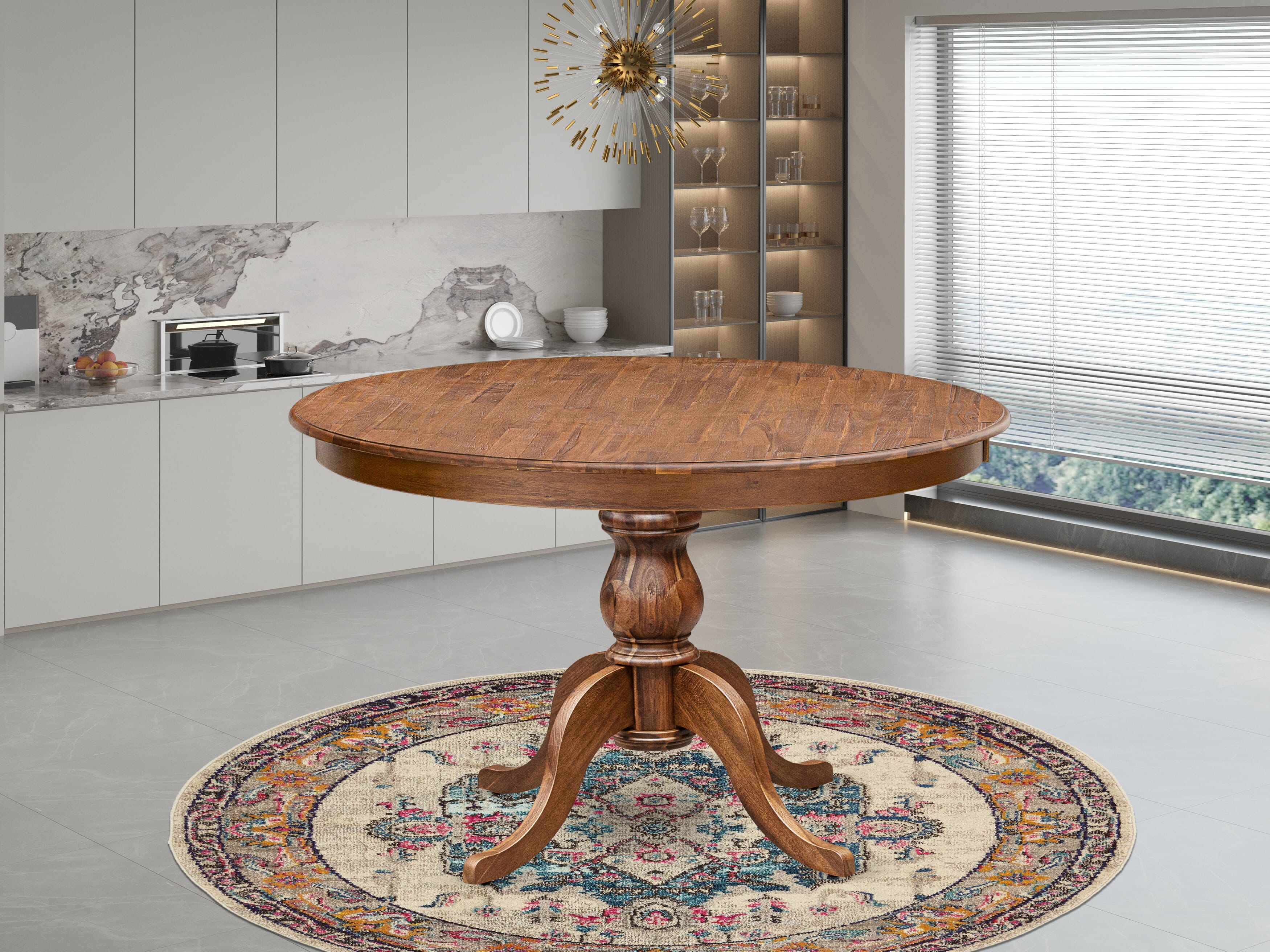 Luxe by East West Furniture F6DA7-40N-24 7-Piece Dining Set with Linen Fabric 6 Black Dining chairs, Button-Tufted Backs, and a 48"Round Dinner Table in Antique Walnut Finish.